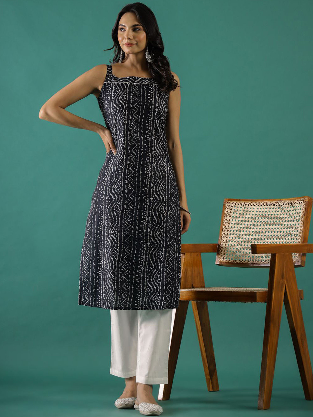 Sangria Black Badhani Printed Gotta Patti Pure Cotton Straight Kurta With Trousers