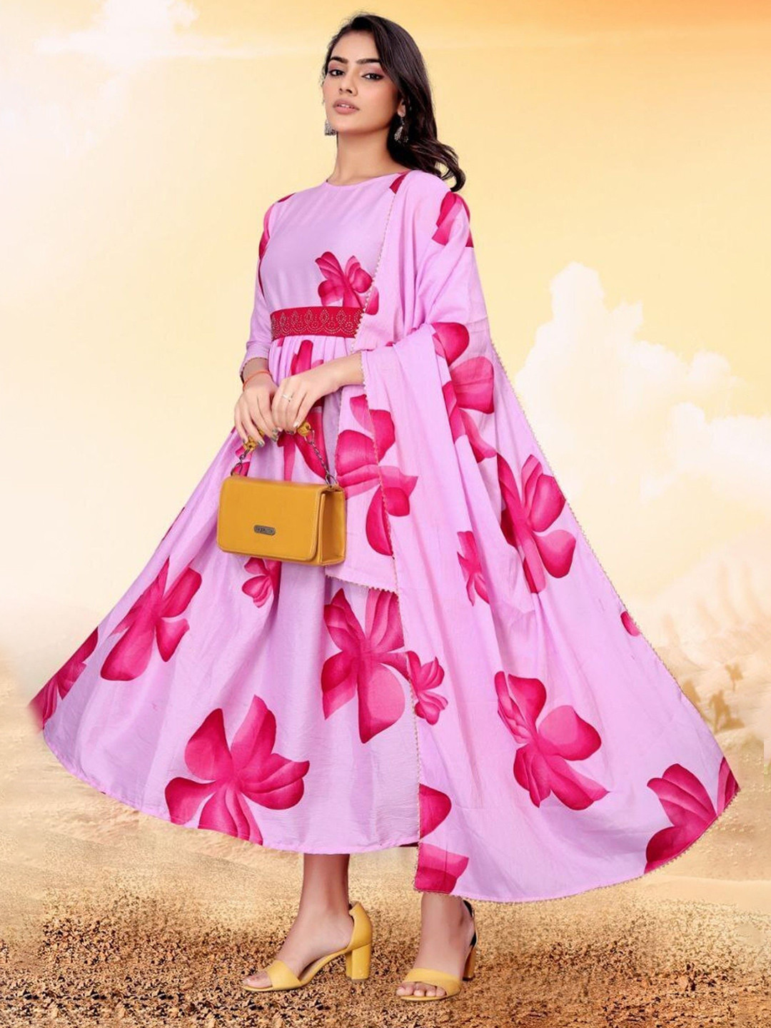 Jash Creation Women Cotton Floral Printed Maxi Dress With Dupatta