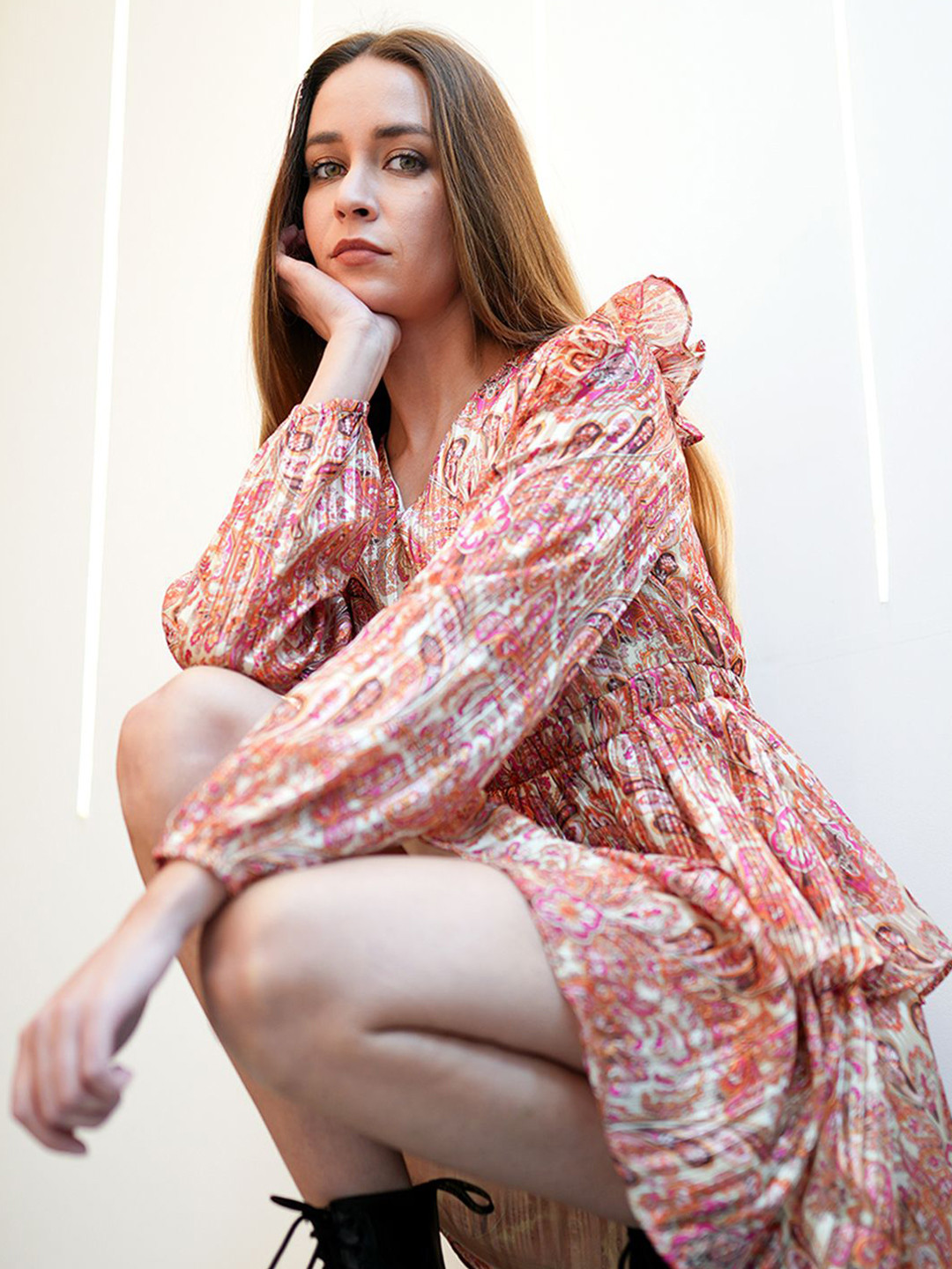 ONLY Ethnic Motifs Printed Puff Sleeve Ruffles Layered Fit and Flare Mini Dress