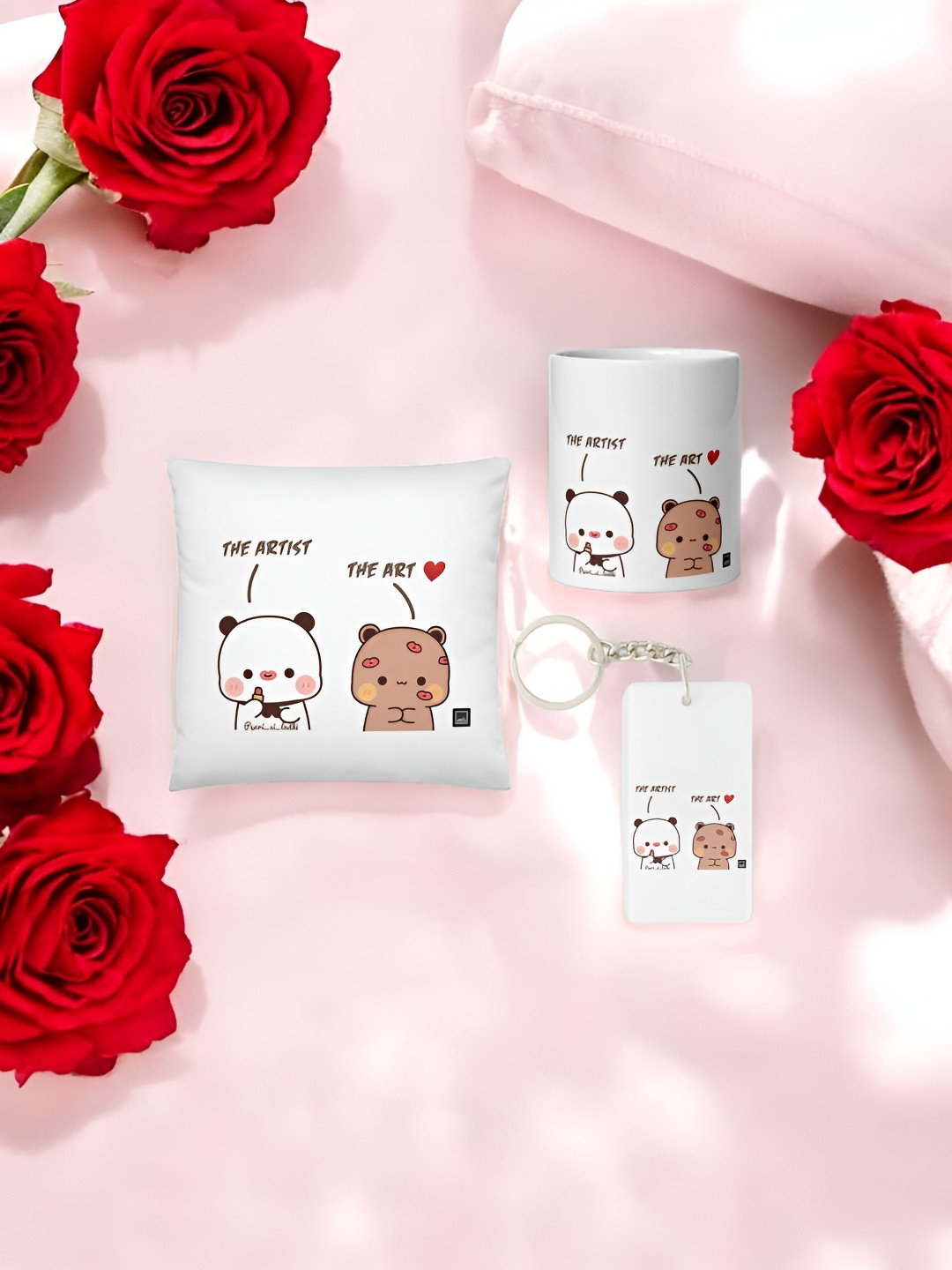 Anikmart 3-Pieces White & Black Printed Cushion With Mug And Key Chain