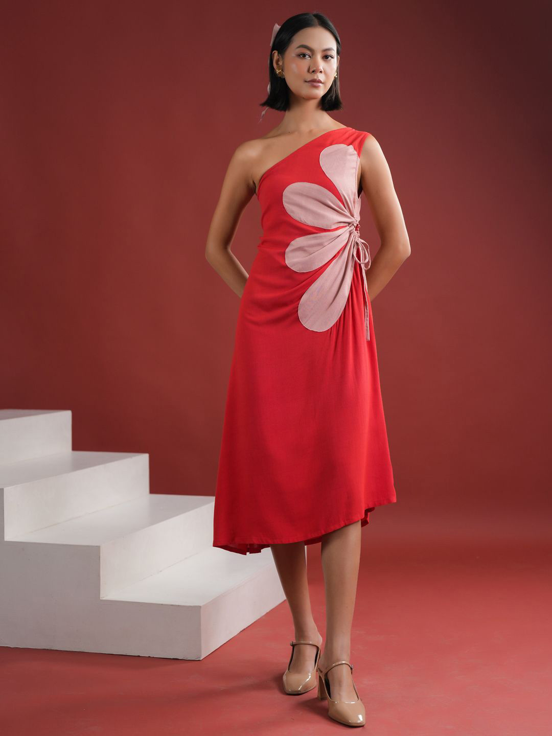 SANSKRUTIHOMES Red Floral One Shoulder A-Line Loose Fit Dress