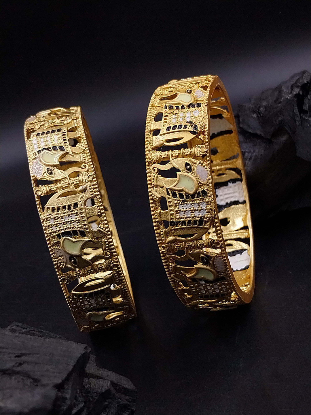 Anouk Set Of 2 Gold-Plated Kundan-Studded Jaipuri Elephant Wedding Bangles