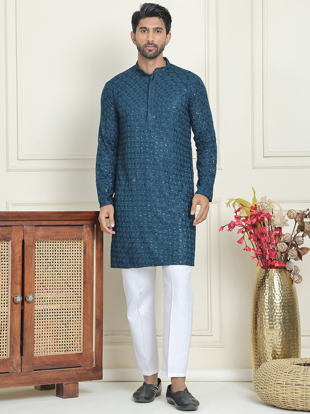 Anouk Teal Blue Geometric Embroidered Mandarina Collar Kurta With Trouser