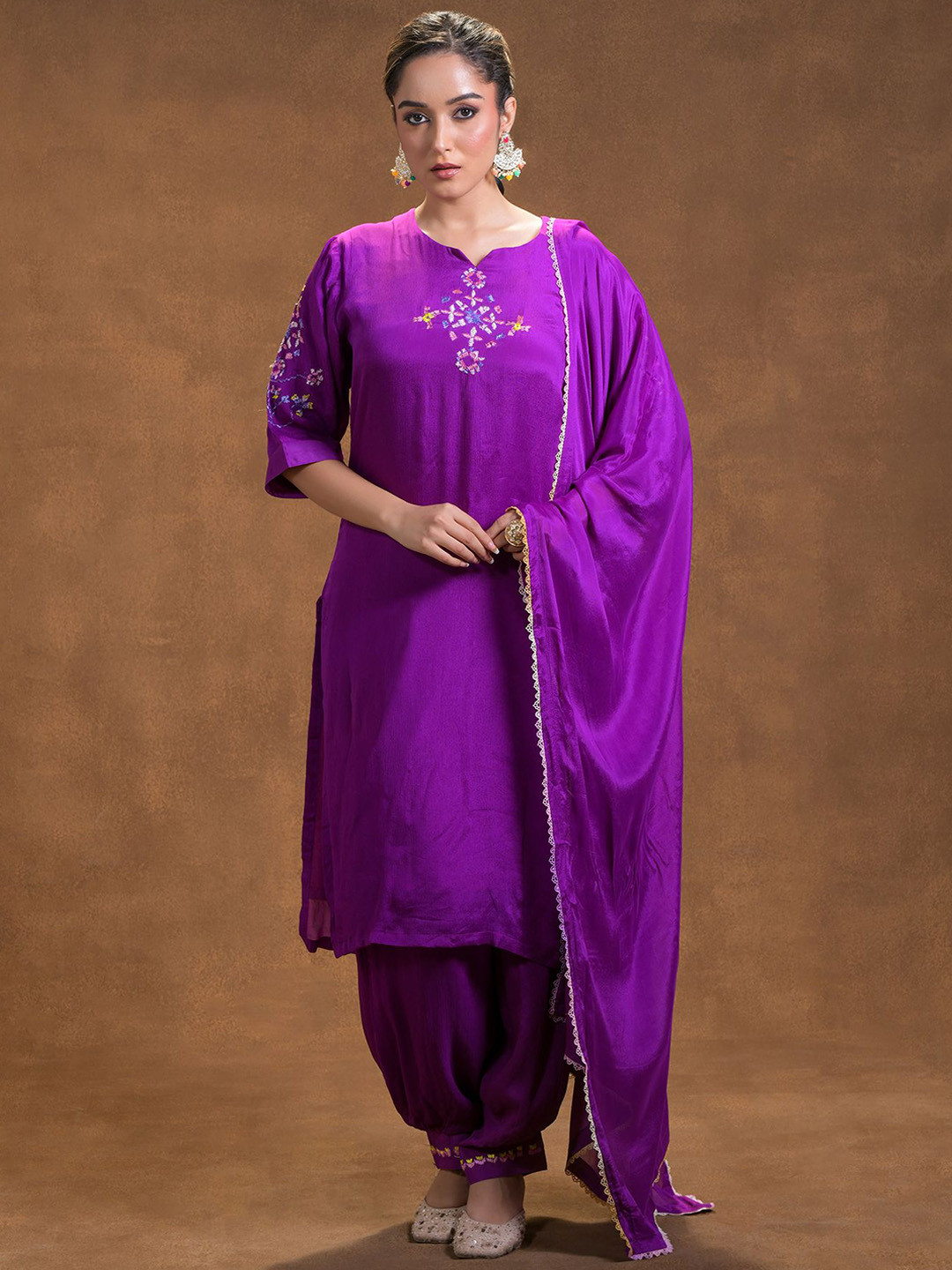 Phulkari Forever Floral Embroidered Pure Chinon Straight Kurta With Salwar & Dupatta