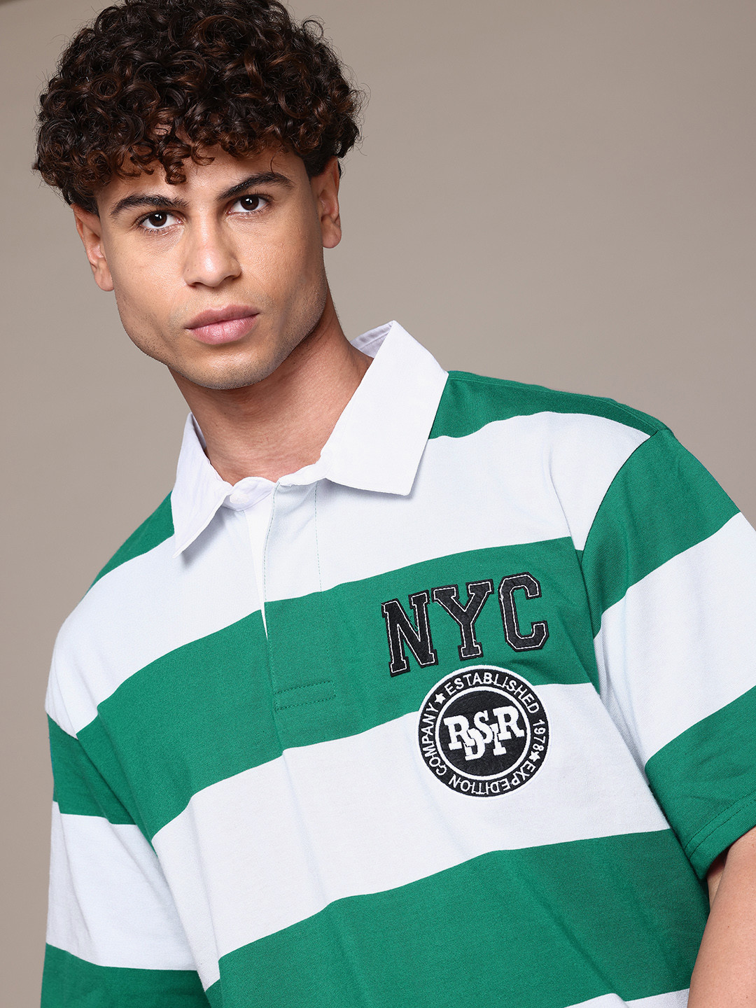 The Roadster Lifestyle Co. Striped Drop-Shoulder Applique Polo Relaxed T-shirt