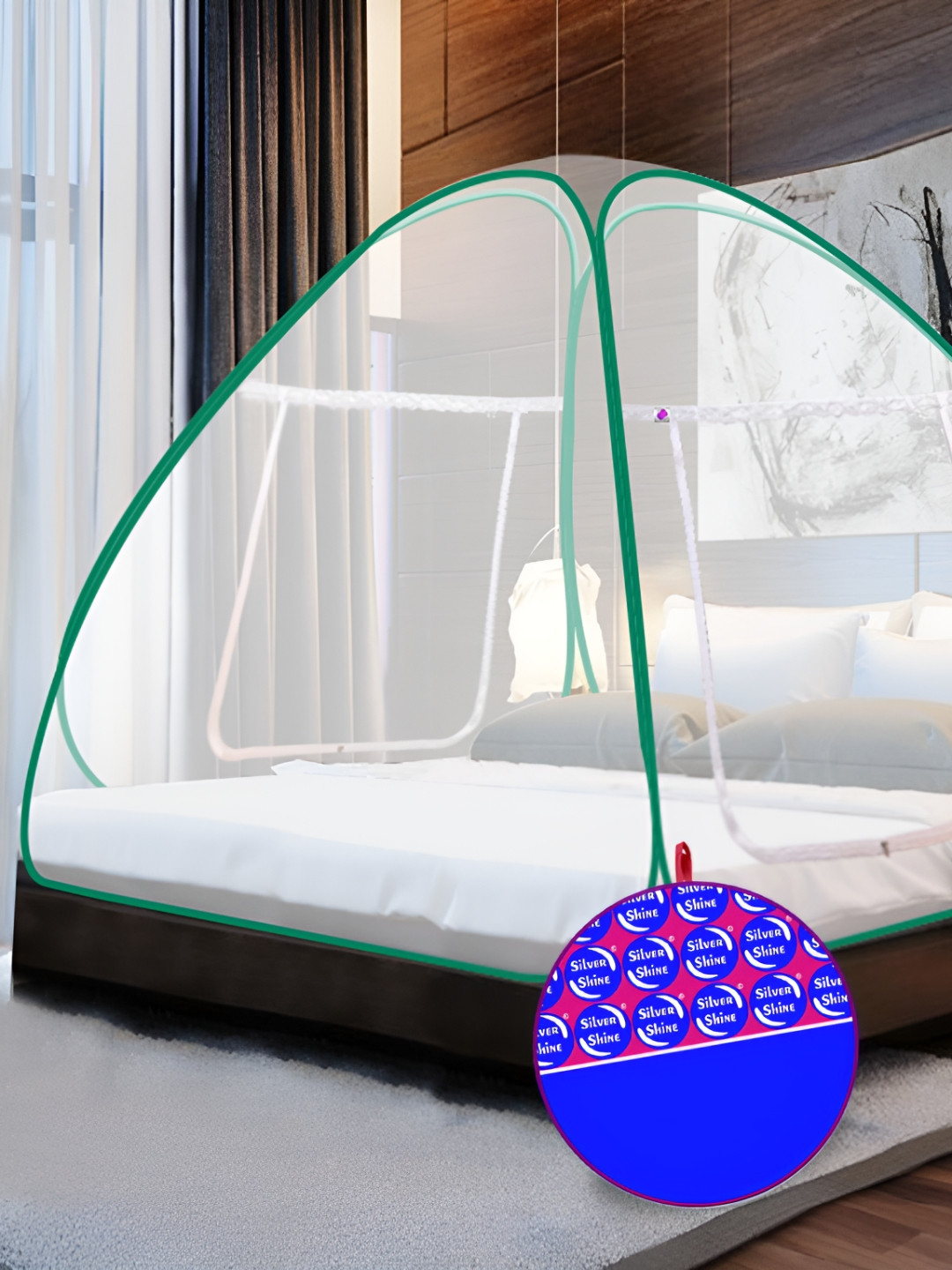 Silver Shine White & Green King Size Foldable Tent Mosquito Net with Bag
