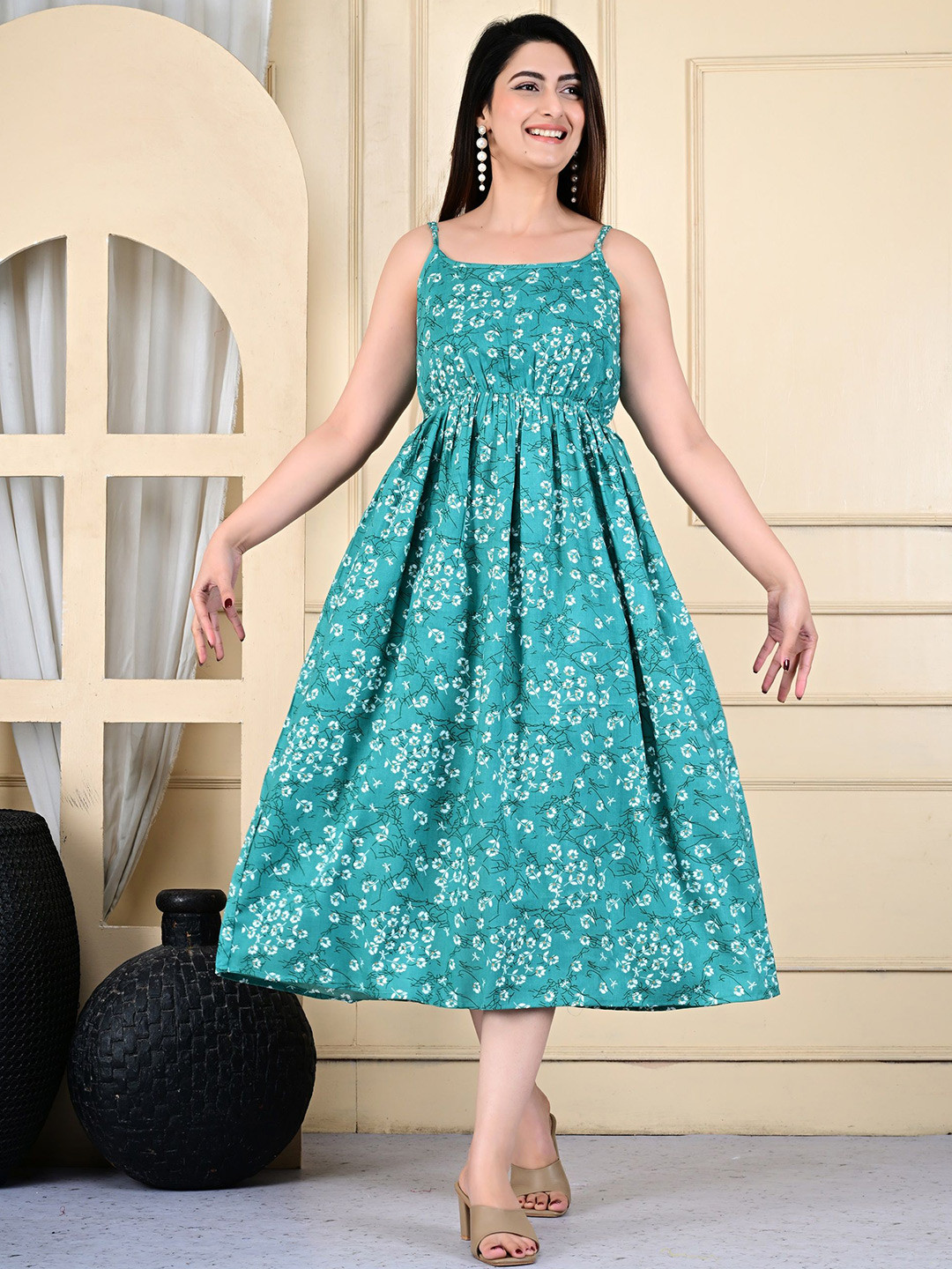 Nefies Floral Print A-Line Midi Dress