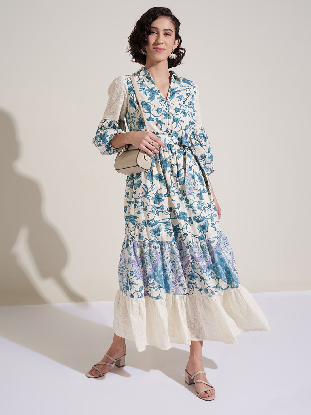 Honey by Pantaloons Women Floral Printed Shirt Collar Pure Cotton Fit and Flare Midi Dress