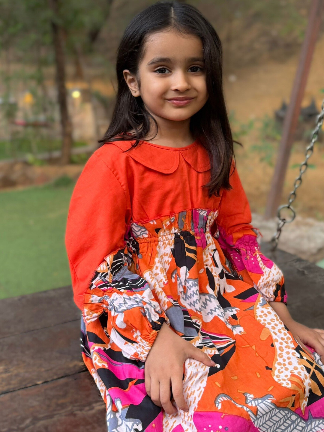 Peekaaboo Kids Girls Tropical Colourblocked Puff Sleeve Layered Fit & Flare Dress