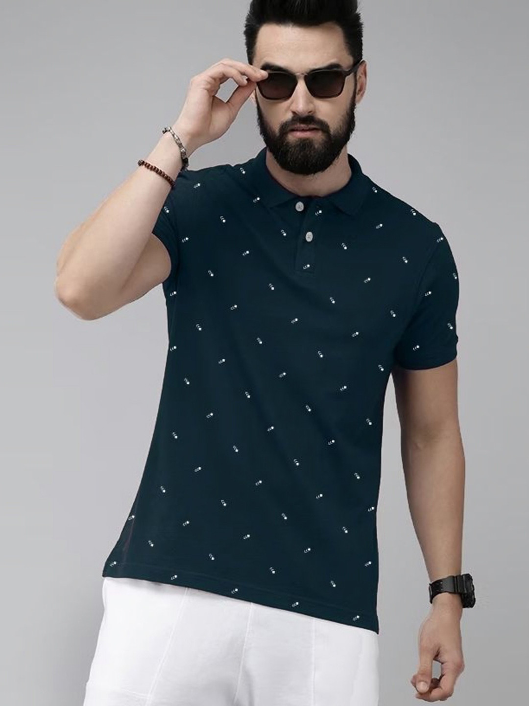 MERRIMENT Men Geometric Printed Polo Collar Cotton T-shirt