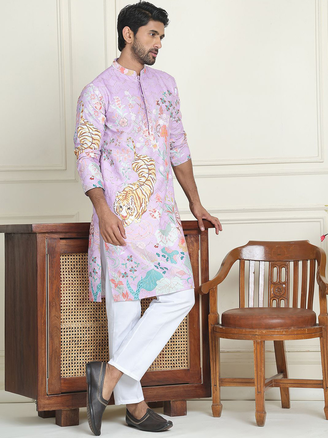 Anouk Purple Floral Printed Mandarin Collar Sequinned Kurta With Pyjamas