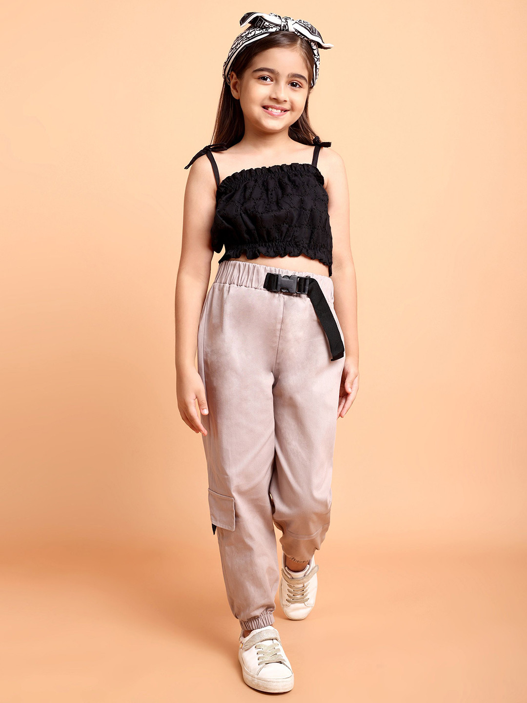YK Girls Schiffli Shoulder Straps Pure Cotton Top With Cargo Jogger