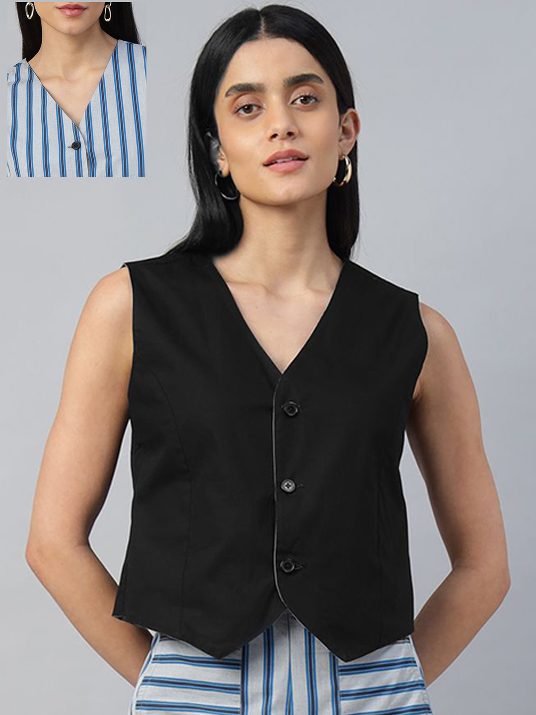 Sands of India Pack Of 2 Striped Pure Cotton V-Neck Reversible Waistcoat