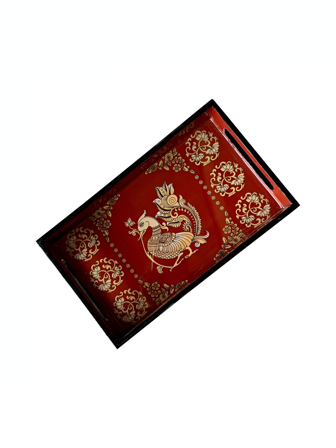 MAATIR DESIGNS Maroon & Beige Kalamkari Peackock Printed Wooden Serving Tray