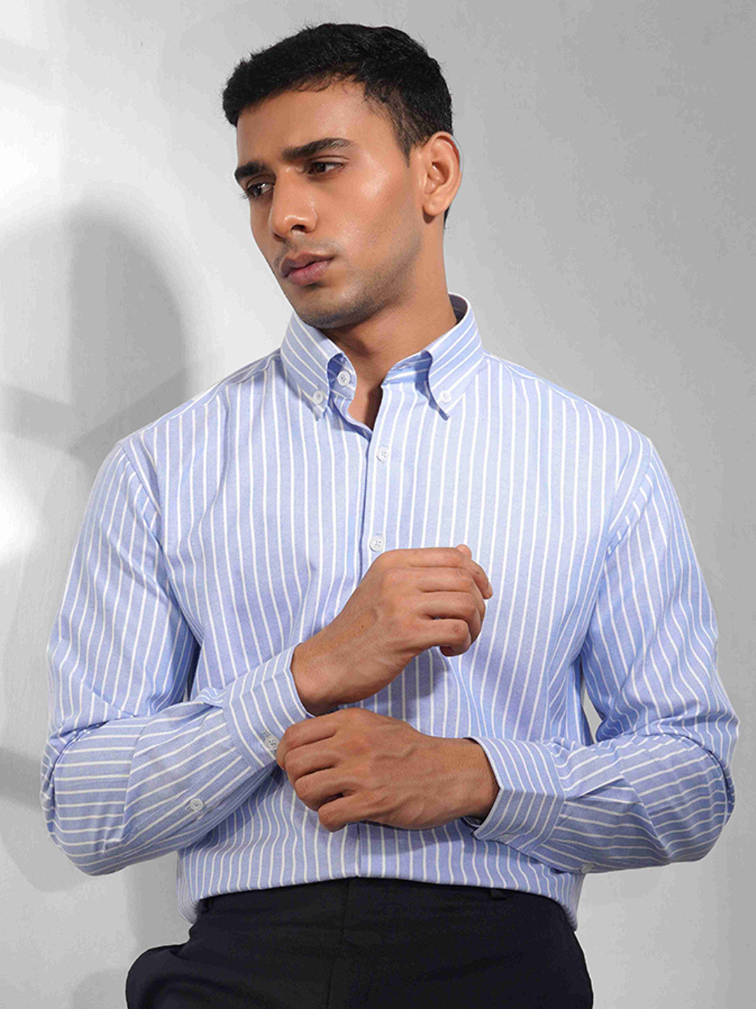 Eleven Brothers Men Button-Down Collar Vertical Striped Cotton Formal Shirt
