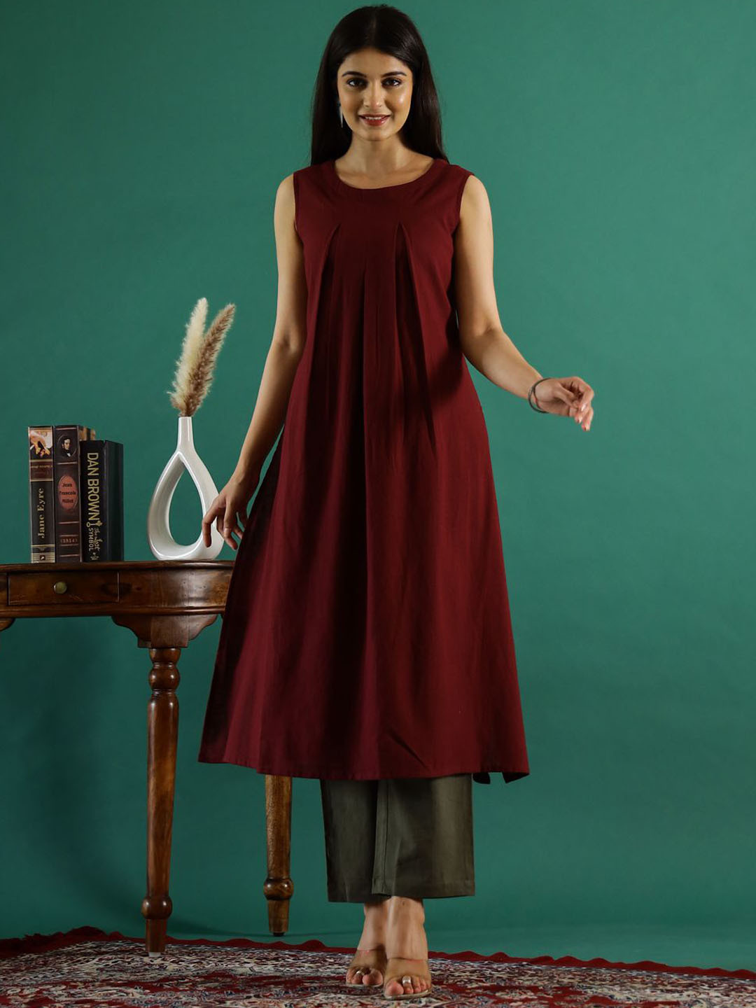Sangria Maroon Panelled Sleeveless Pure Cotton A-Line Kurta With Trousers