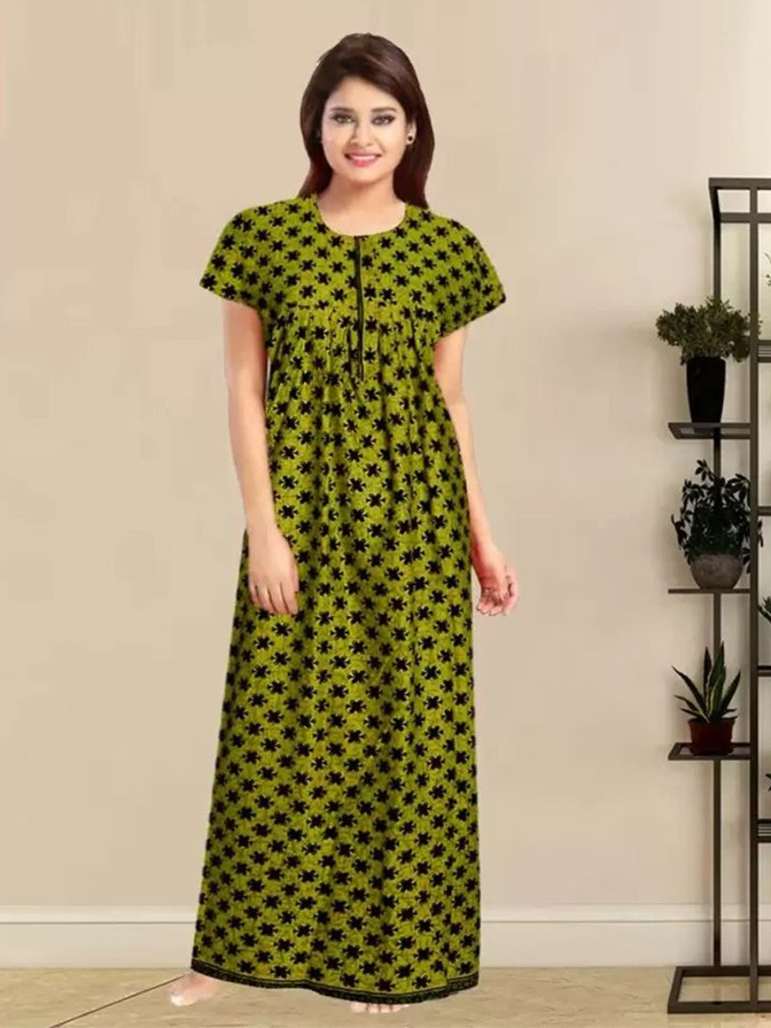 PR PINK ROYAL  Women Floral Printed Round Neck Short Sleeves Maxi Regular Nightdress