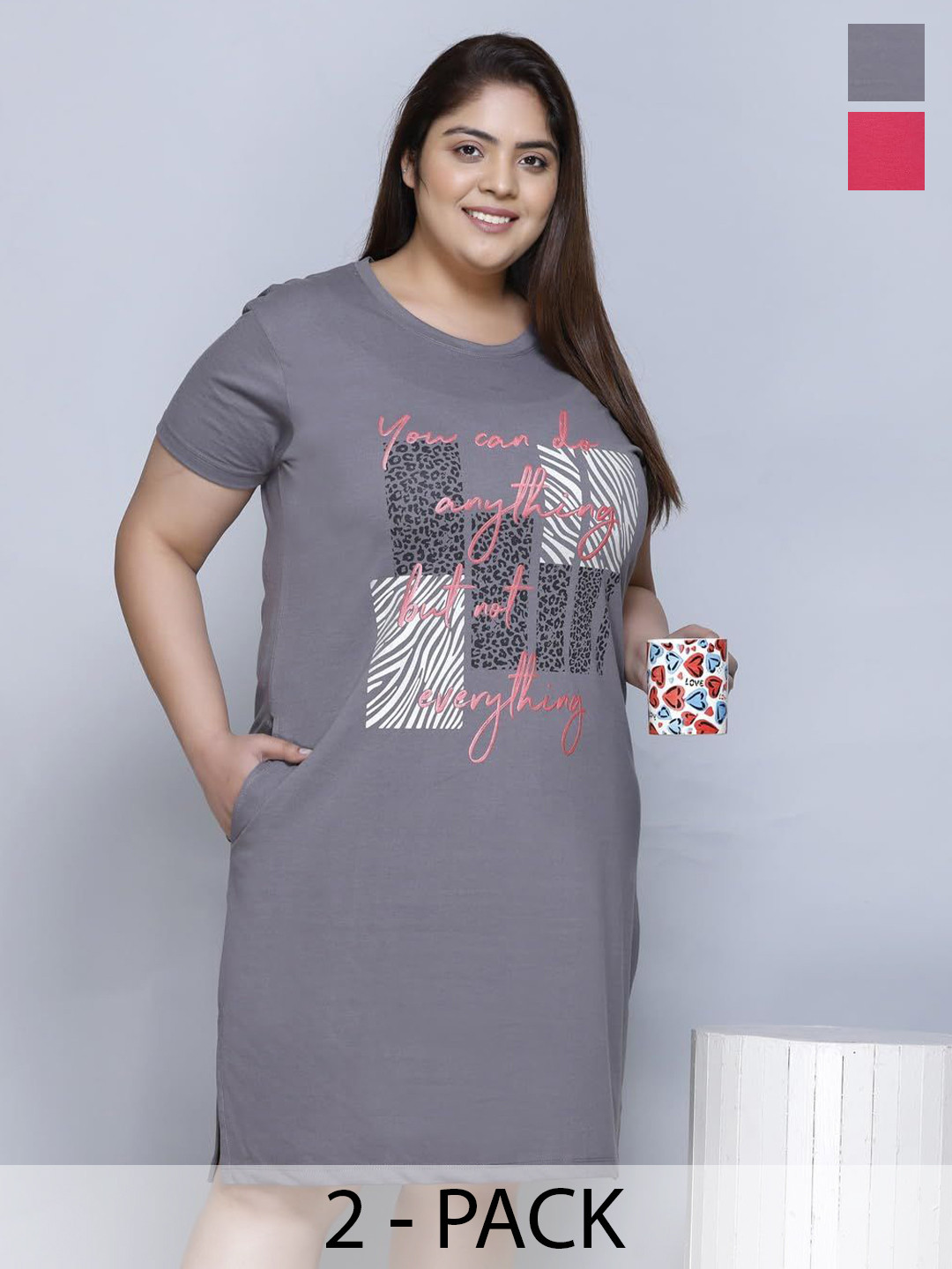 IN Love Women Plus Size Pack of 2 Printed Cotton T-shirt Nightdress