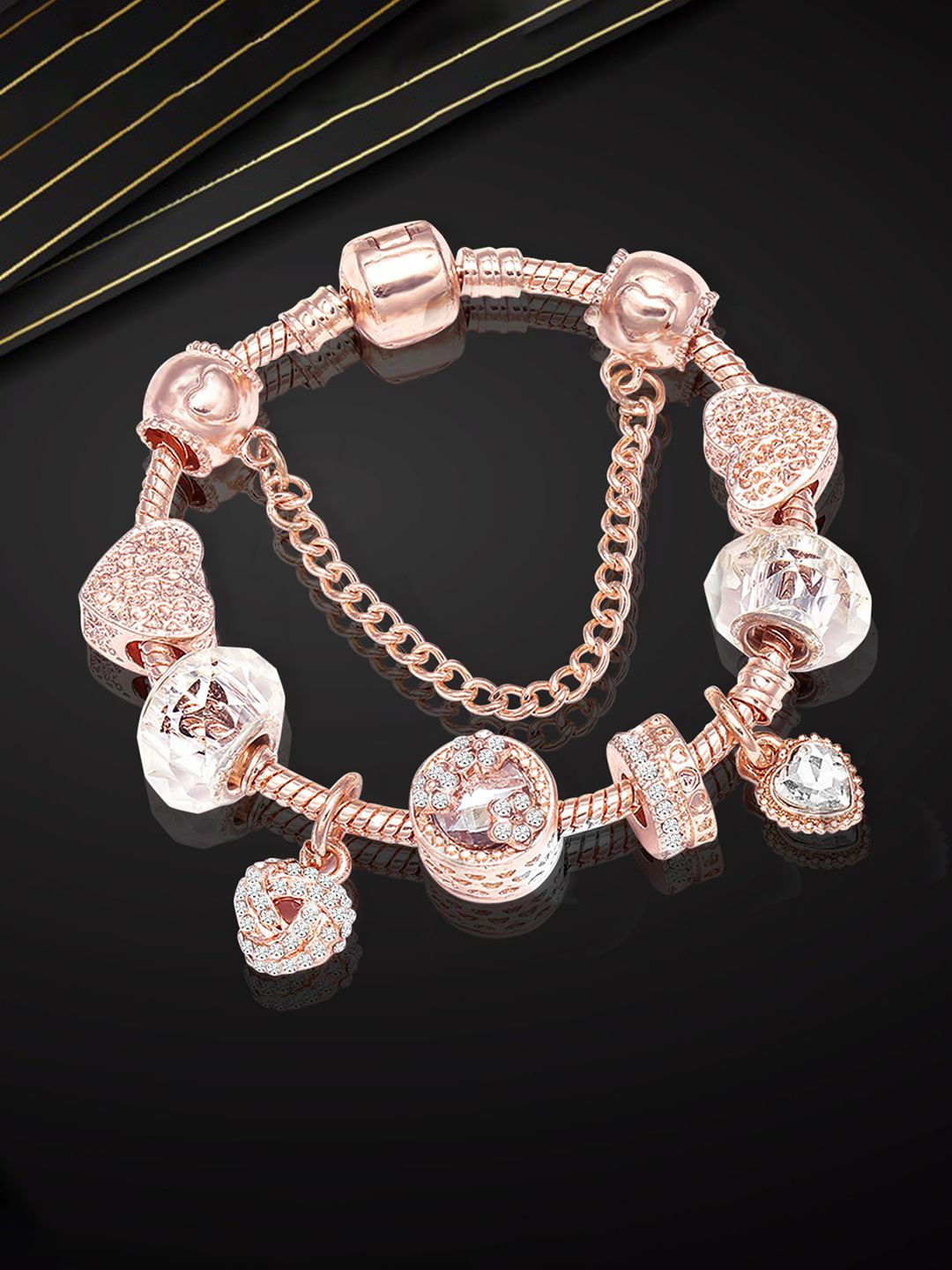Peora Rose Gold Plated Cubic Zirconia Studded Charm Bracelet With Red Rose