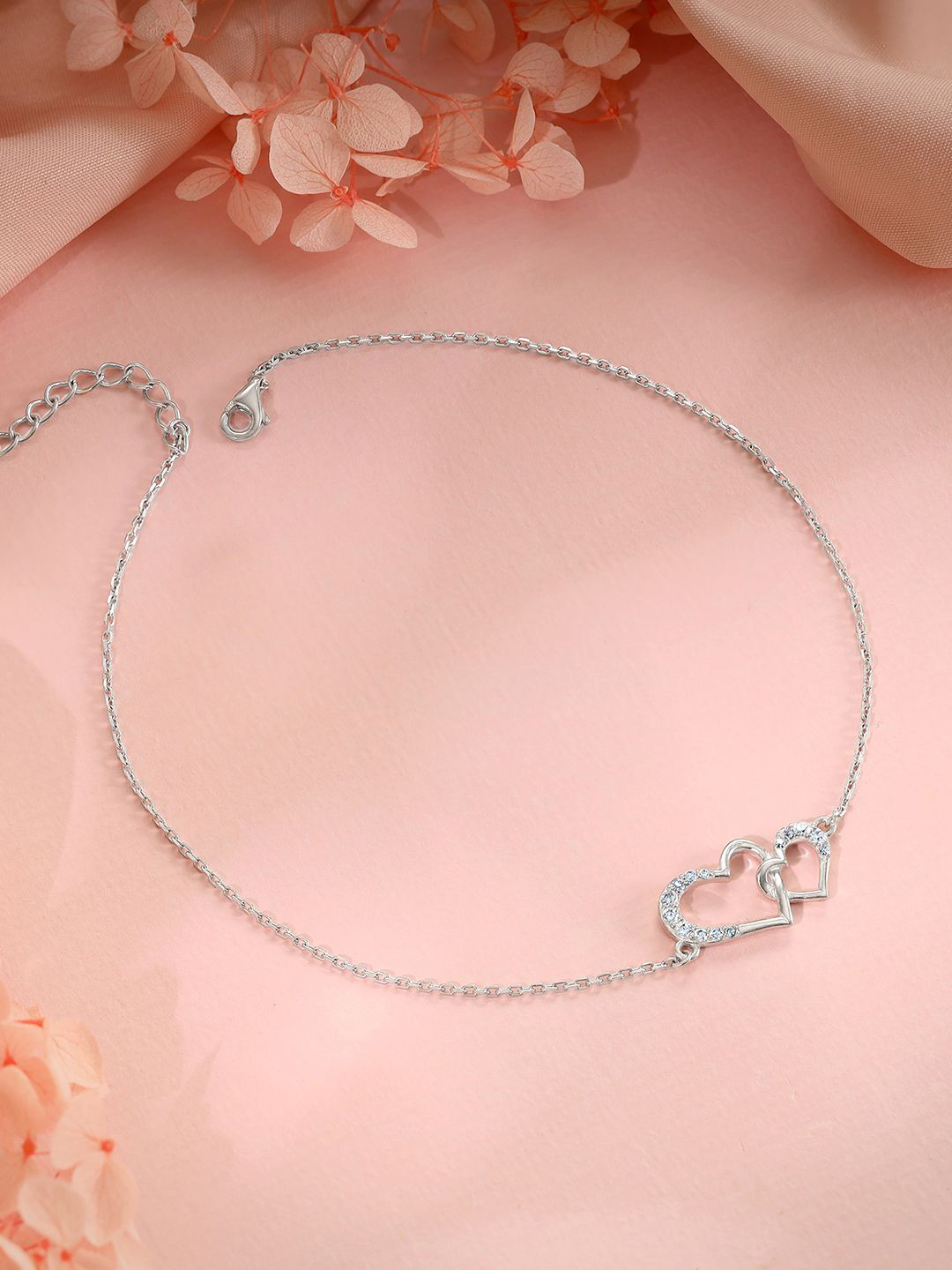 GIVA 925 Sterling Silver Rhodium-Plated Artificial Stones Heart Interlocked Anklet