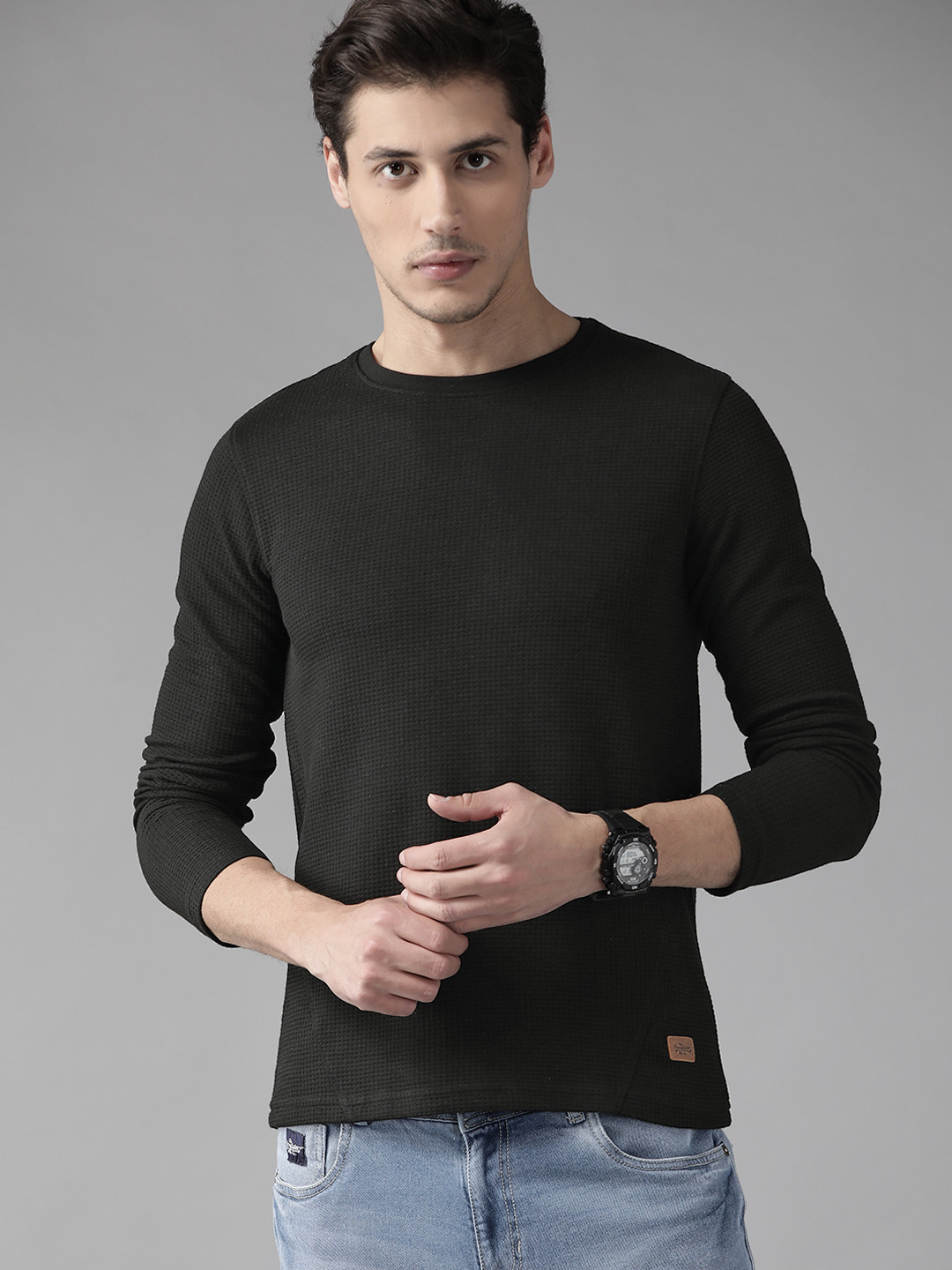 The Roadster Lifestyle Co Men Black  Waffle Texture T-shirt
