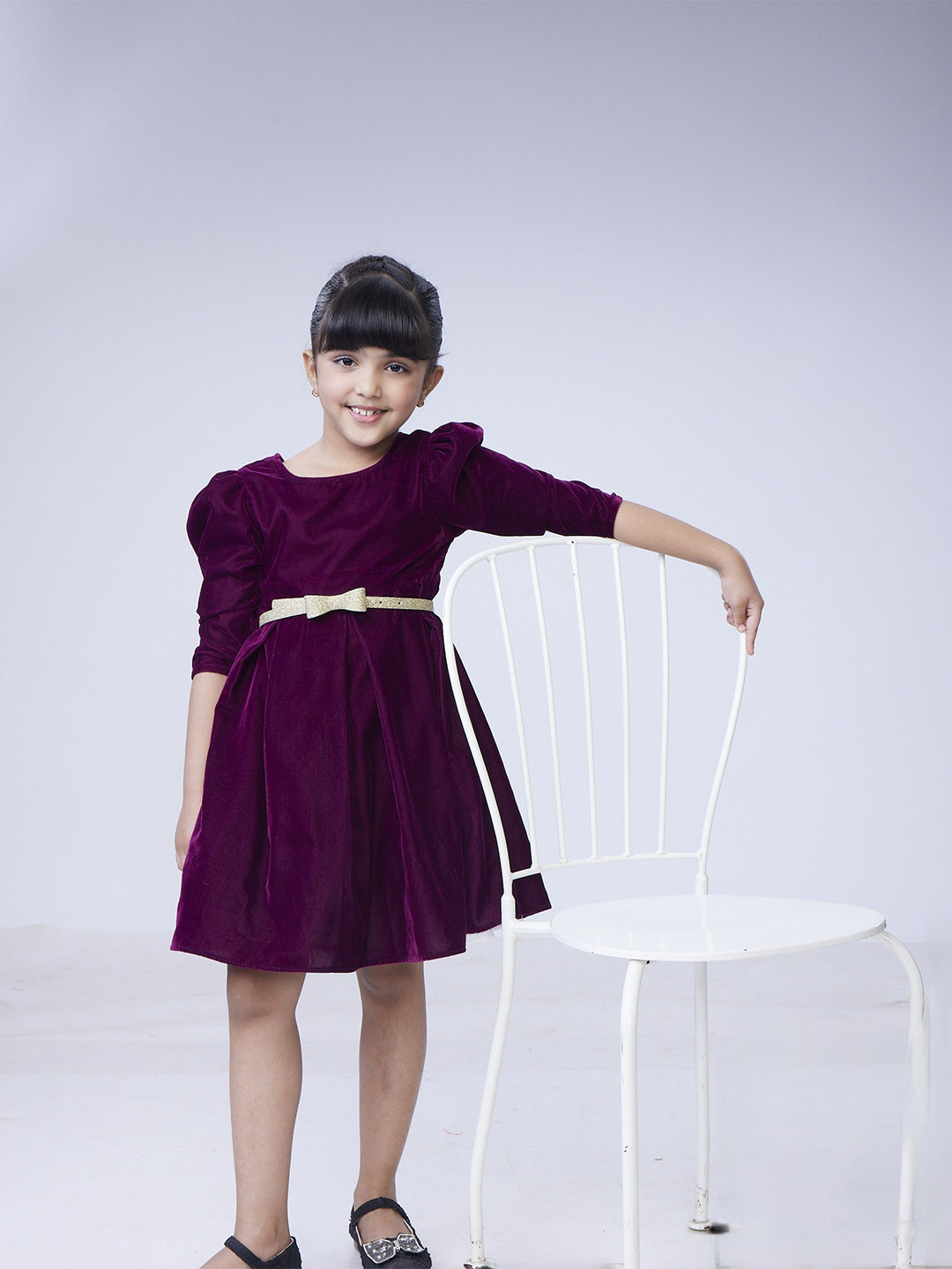 MASTARANG Girls Velvet Fit and Flare Dress With Belted
