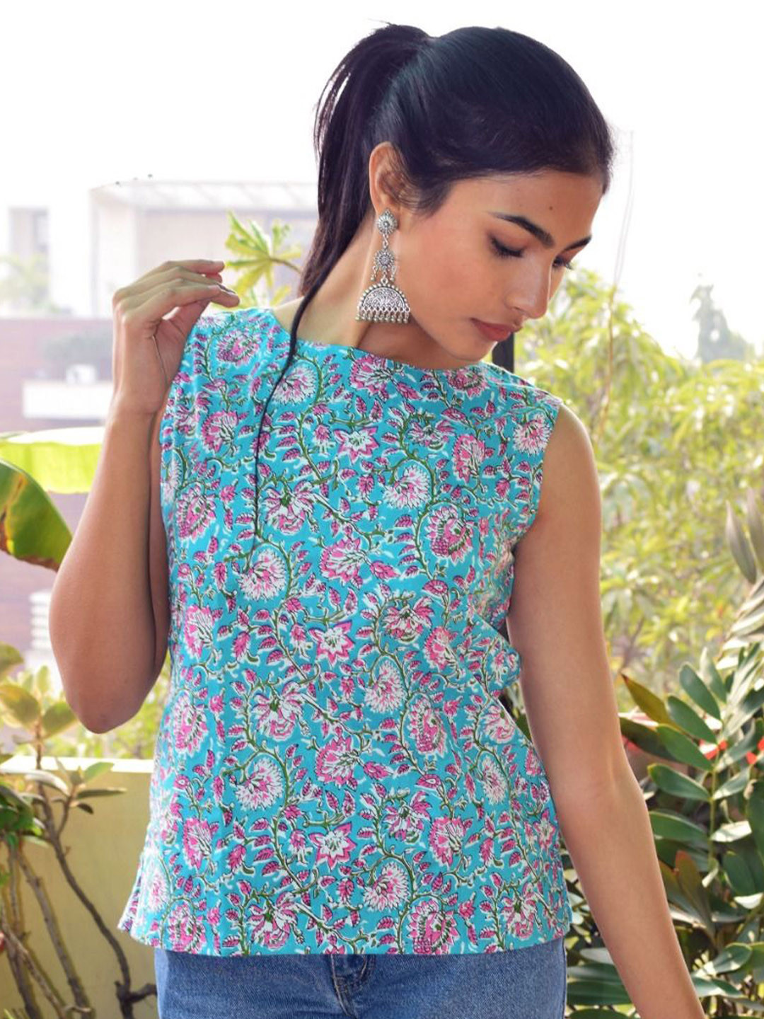 JAIPUR HAND BLOCK Women Floral Printed Round Neck Sleeveless Cotton Top
