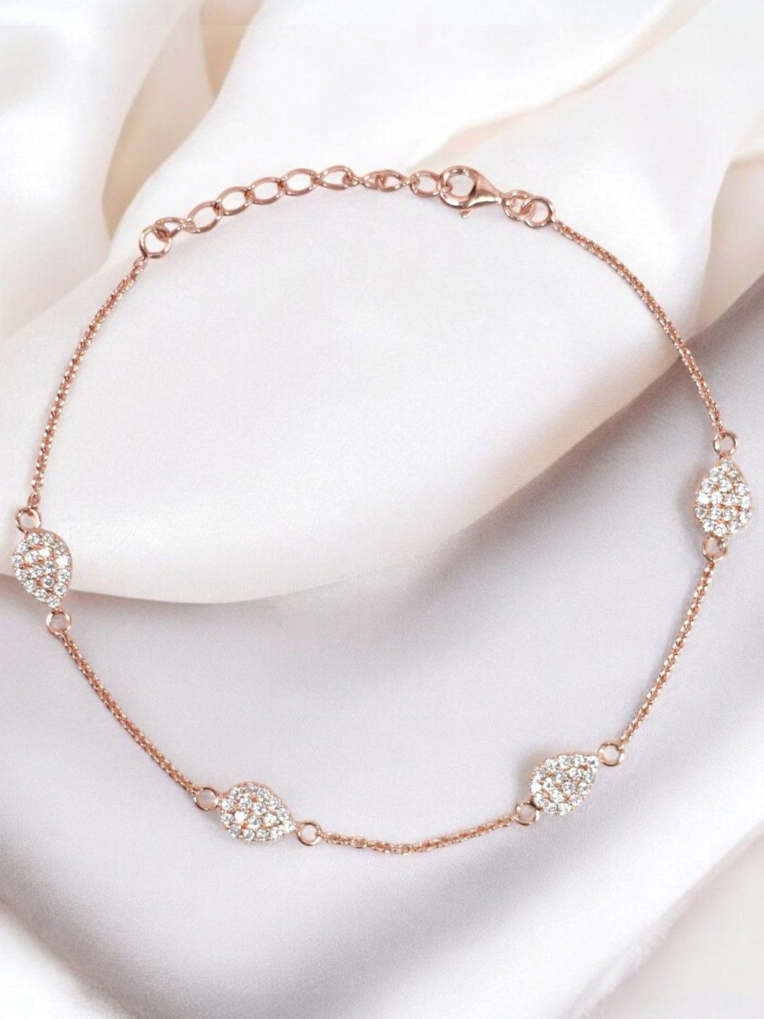 Taraash 925 Sterling Silver Rose-Gold Plated Artificial Stones Studded Teardrop Anklet