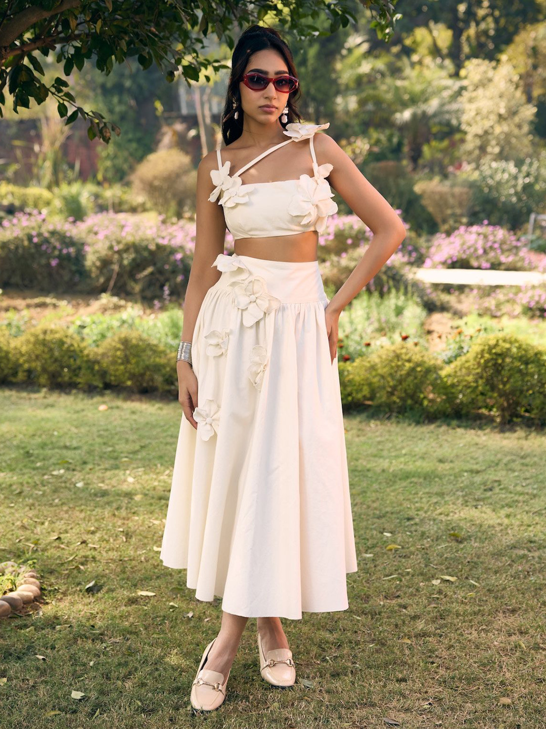 Lea Clothing Co. Women Cotton Sharla White 3D Flowers Crop Top