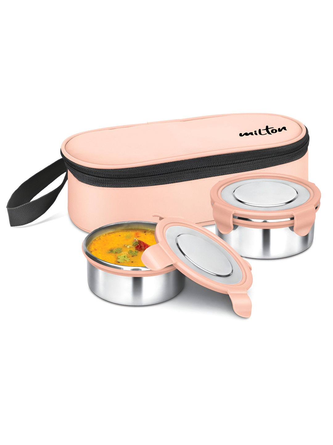 Milton Peach 2Pcs Round Inner Steel Click Lock Express Meal Lunch Box With Bag 380ml each