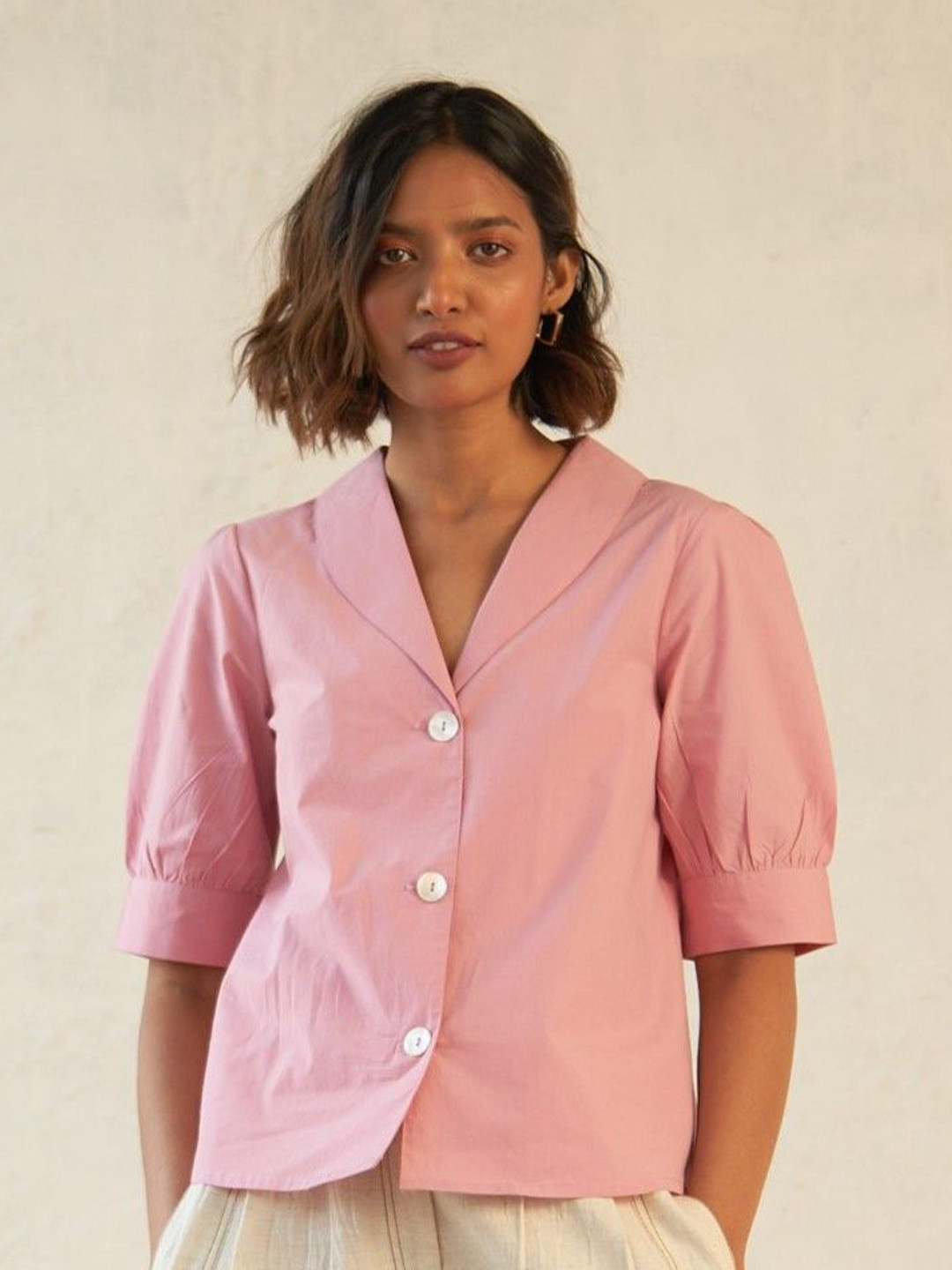 Canoopi Women Solid Shirt Collar Cotton Top