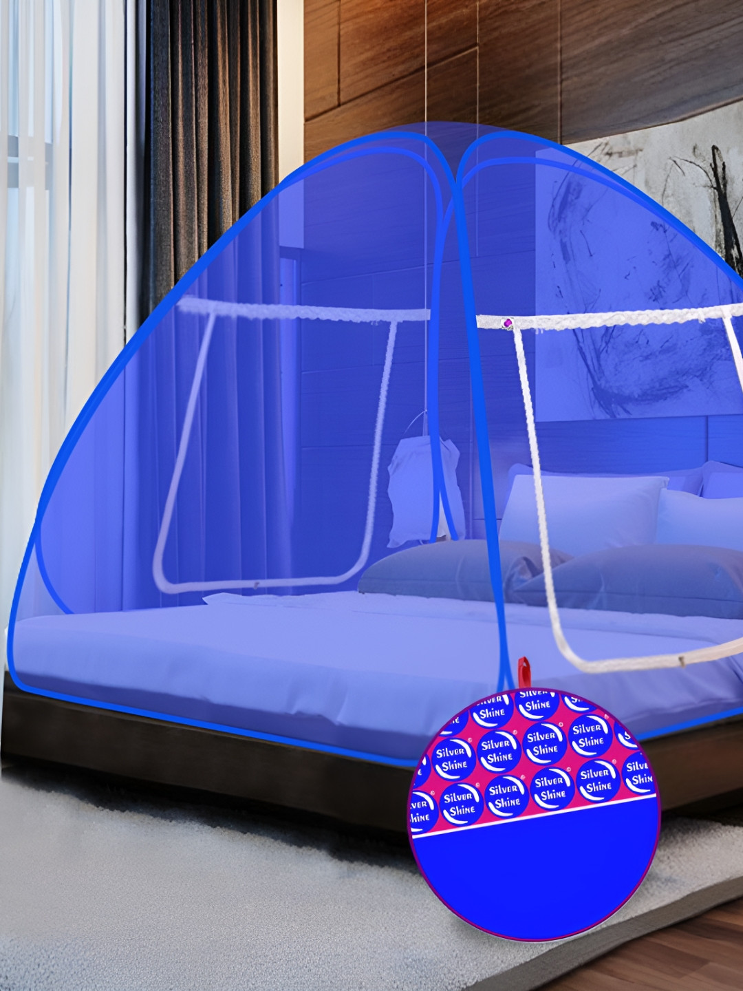 Silver Shine Blue & Transparent King Size Foldable Tent Mosquito Net with Bag