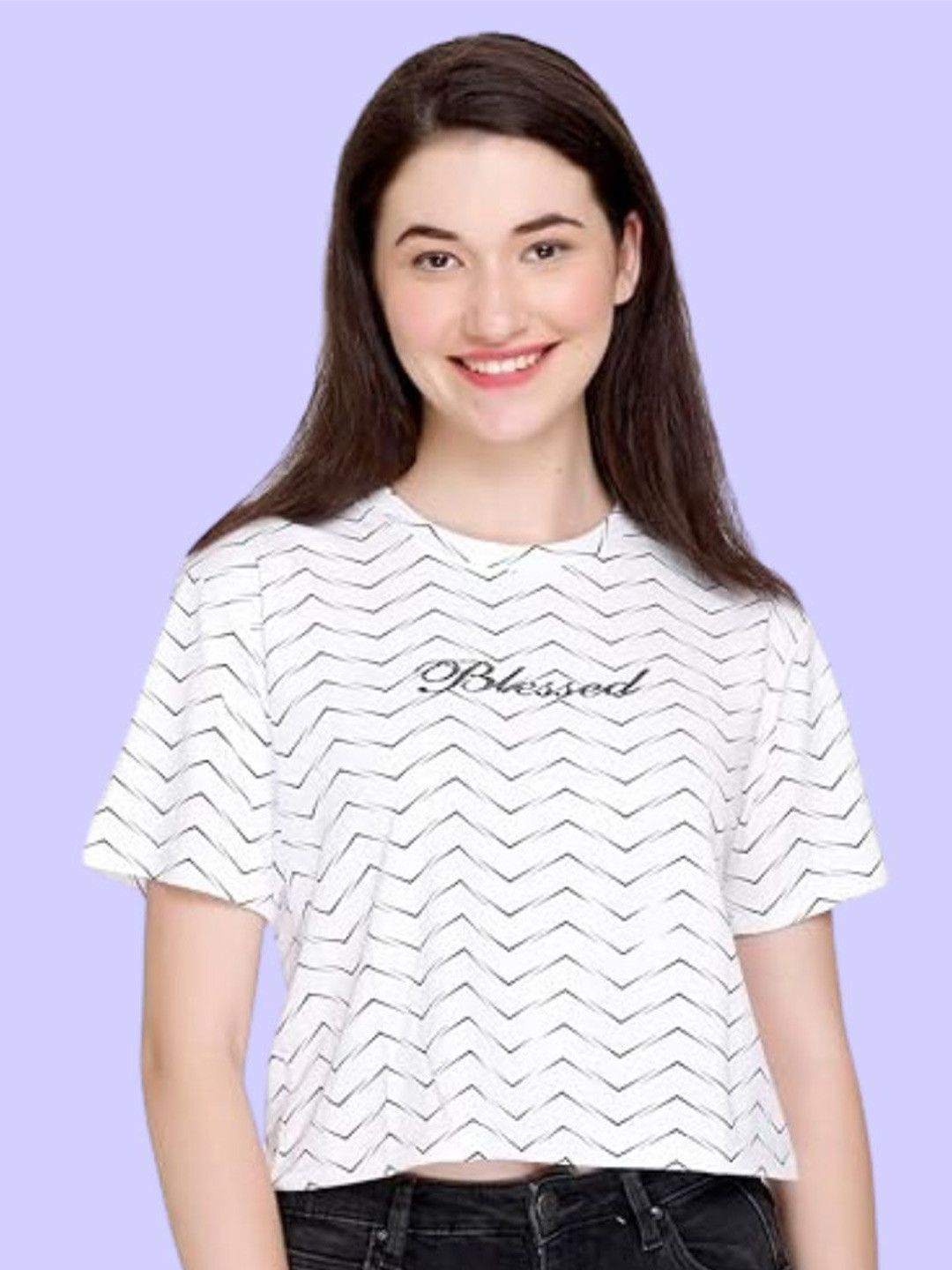 White Moon Women Geometric Print Half Sleeve Cotton Crop Top