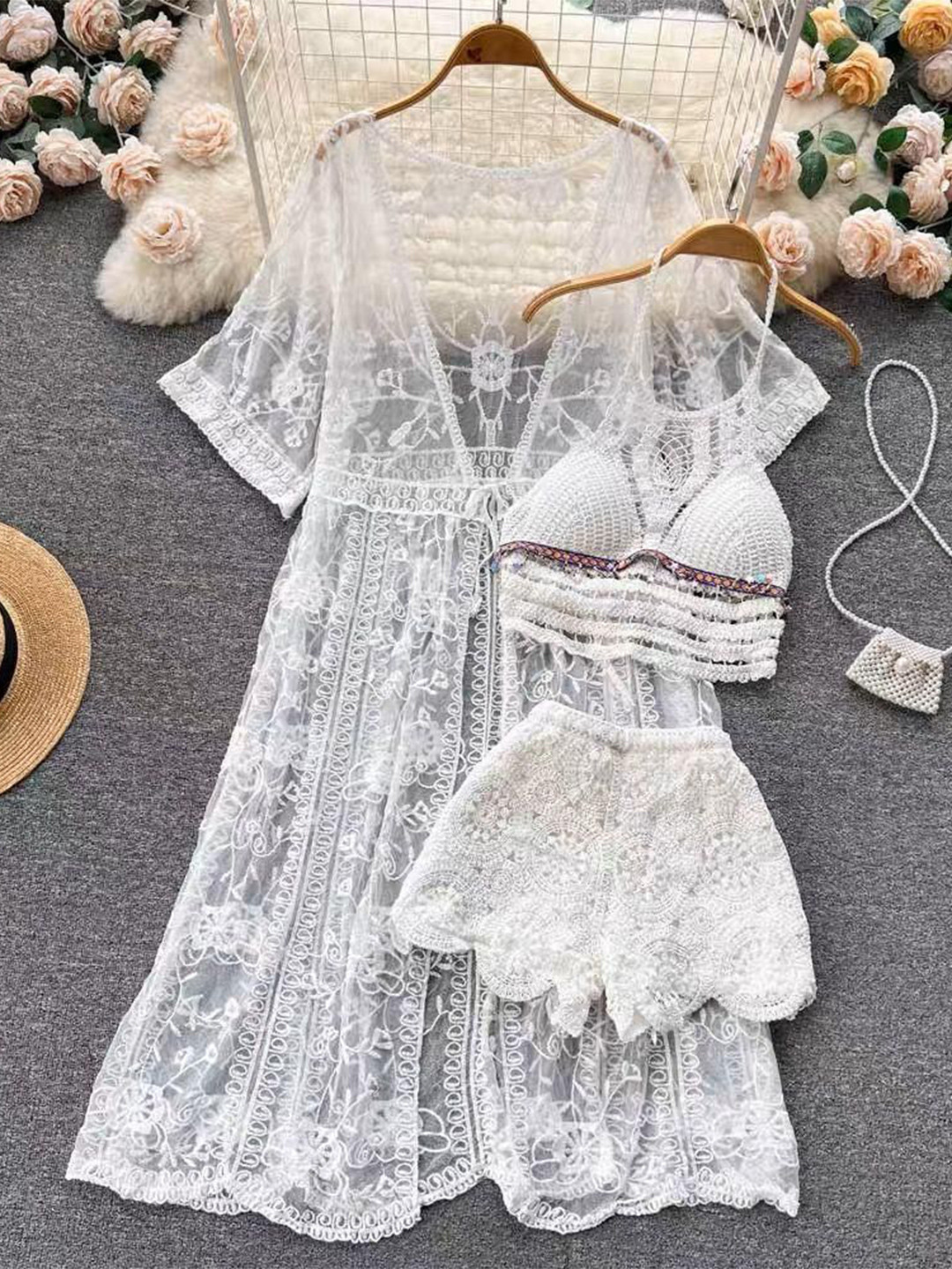 Miss Mosa By Akanksha  White Self Design Halter Neck Dahlia Resort Wear Set
