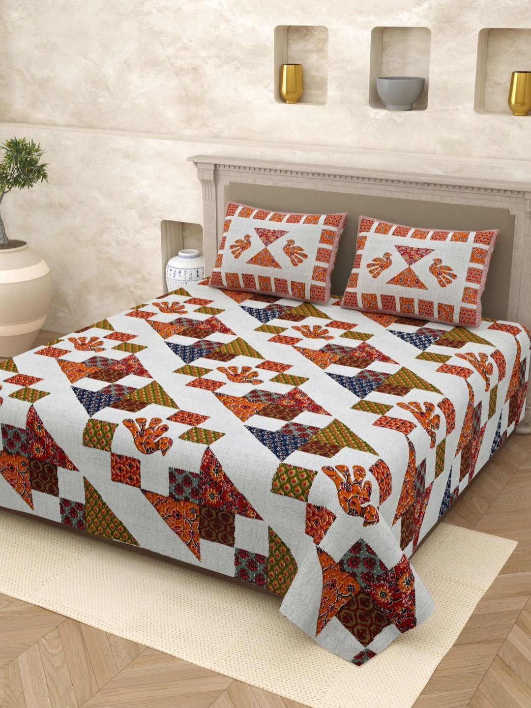 Myntra Elegant Homes Opulent Collection White Ethnic Motifs Pure Cotton 210 TC King Fine Bedsheet with 2 Pillow Covers-106 x 98 inches