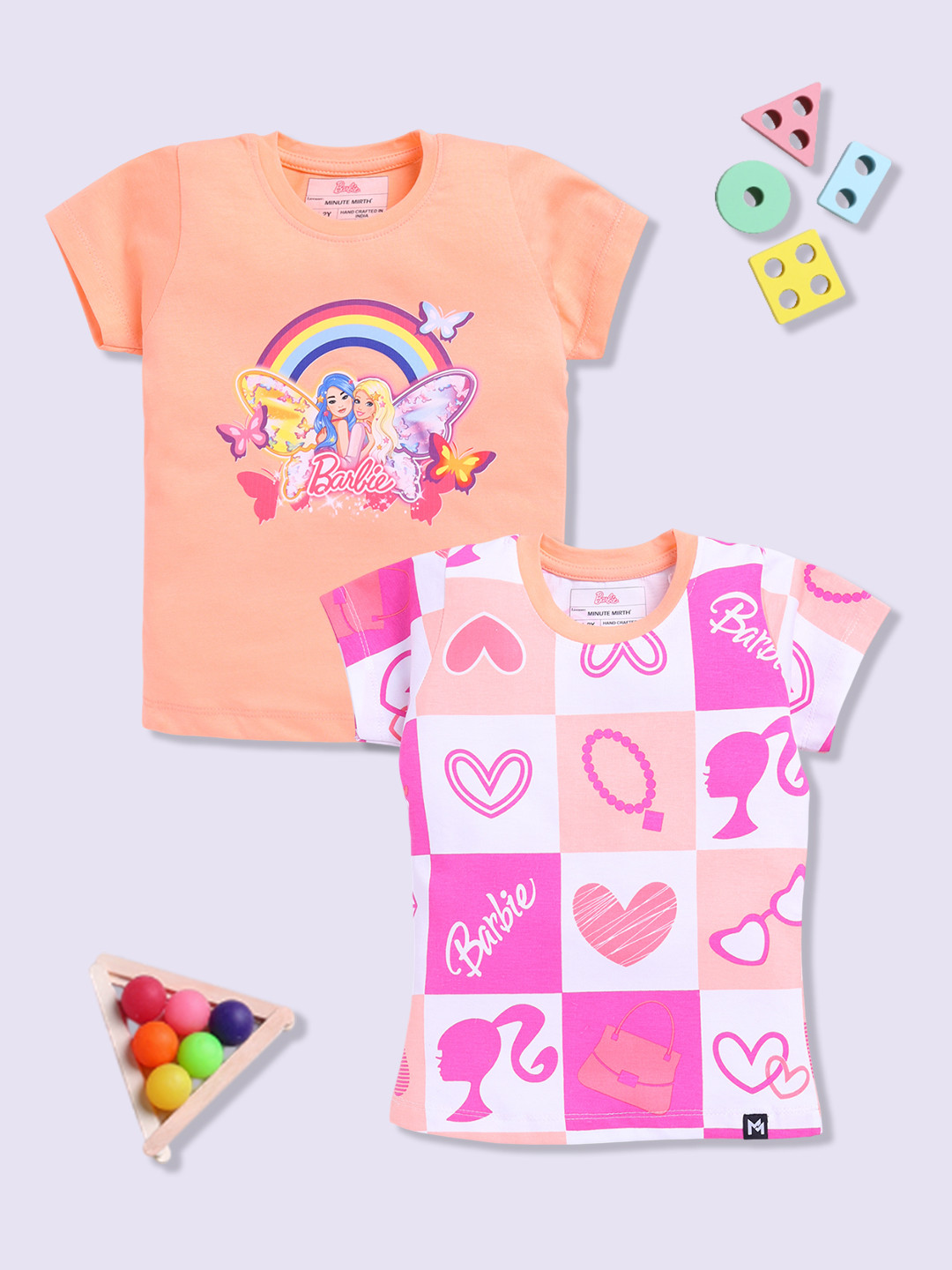 YK X Minute Mirth Girls Pack Of 2 Barbie Printed Pure Cotton T-shirts