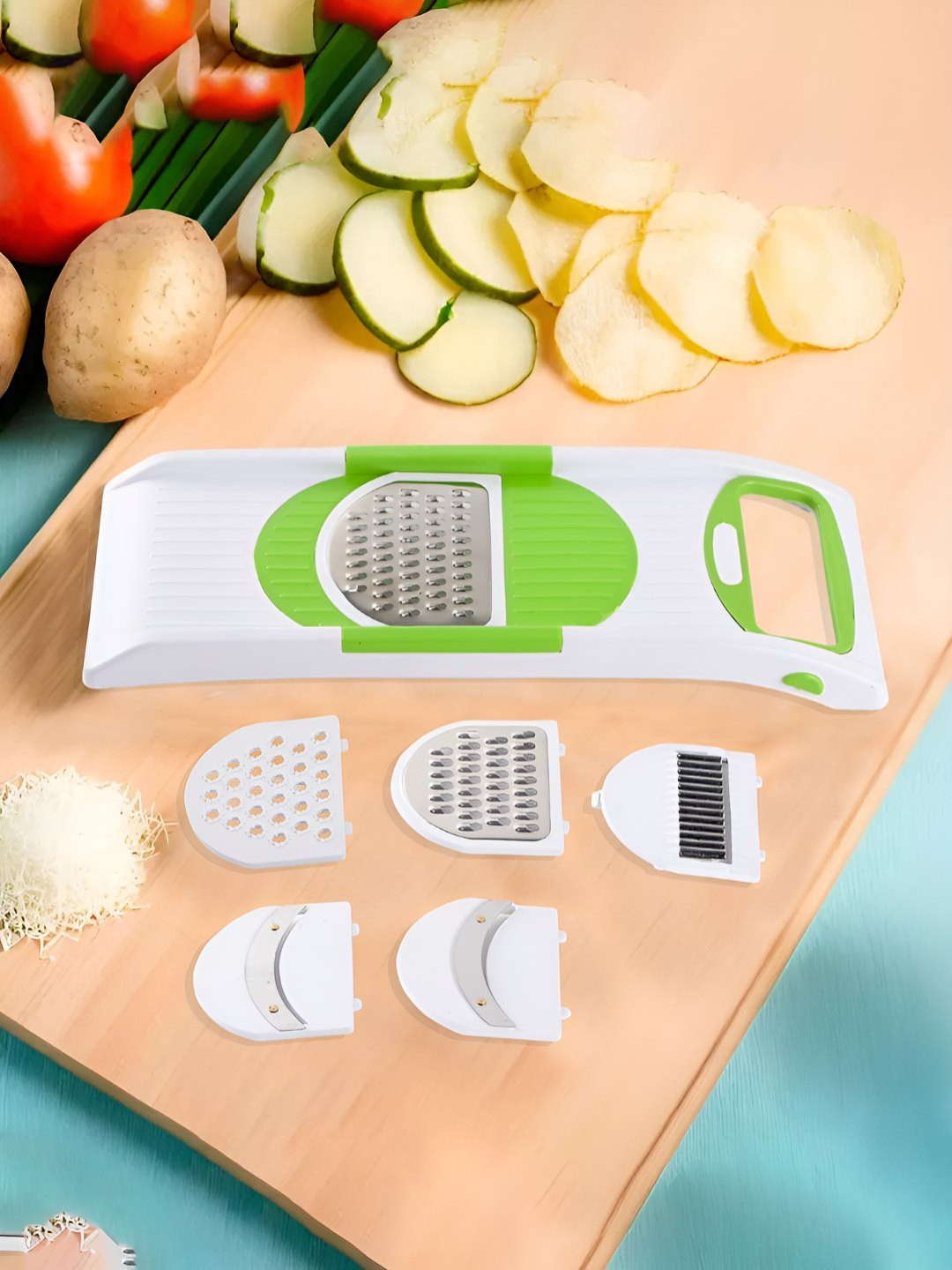 Kuber Industries White & Green 6 in 1 Vegetable Grater & Slicer