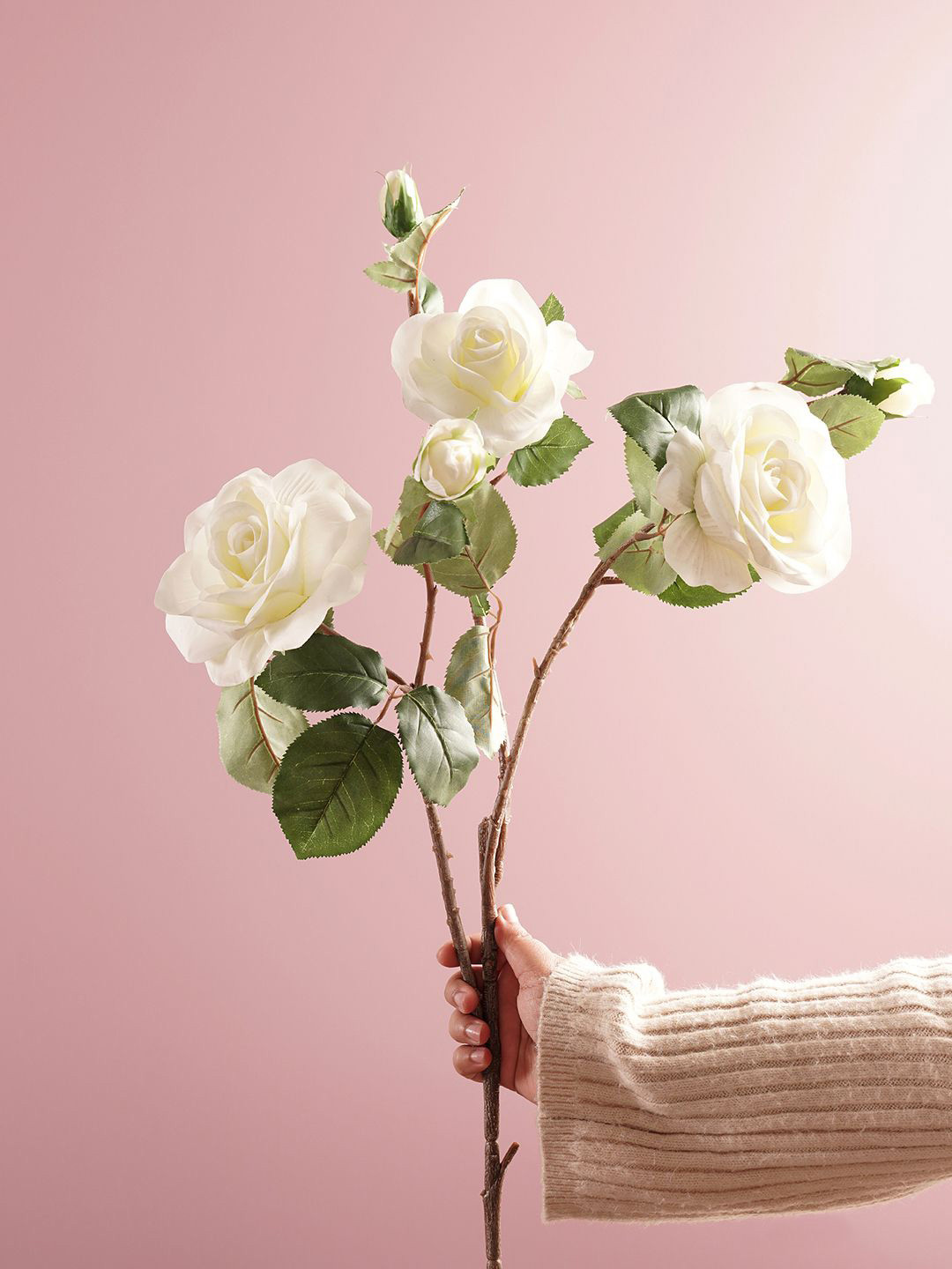 Pure Home and Living Cream-Coloured & Green Rose Single Stem Artificial Flower