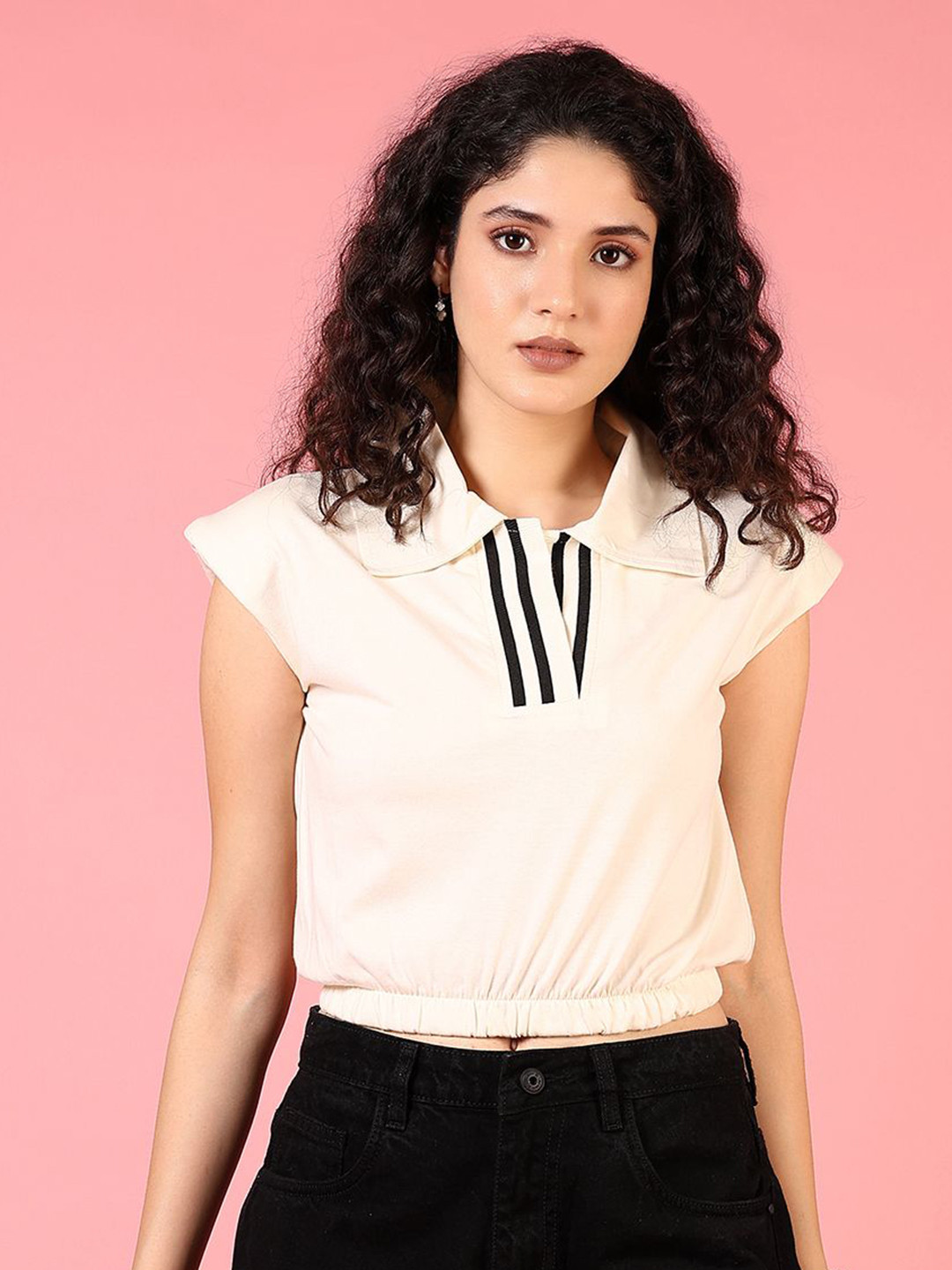 V-Mart Women Solid Shirt Collar Crop Cotton Top