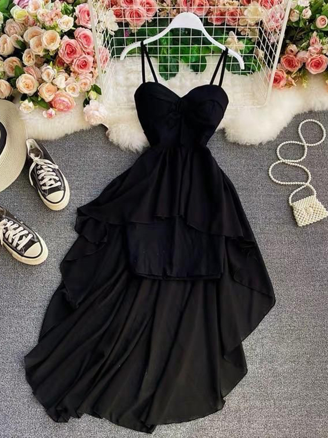 Miss Mosa By Akanksha  Women Fit & Flare Maxi Black Miana Hi Low Dress