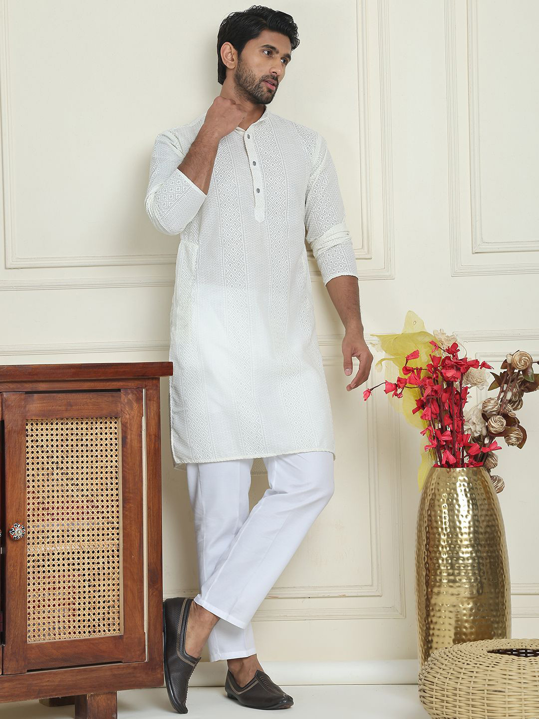 Anouk White Chikankari Band Collar Straight Pure Cotton Kurta With Trousers