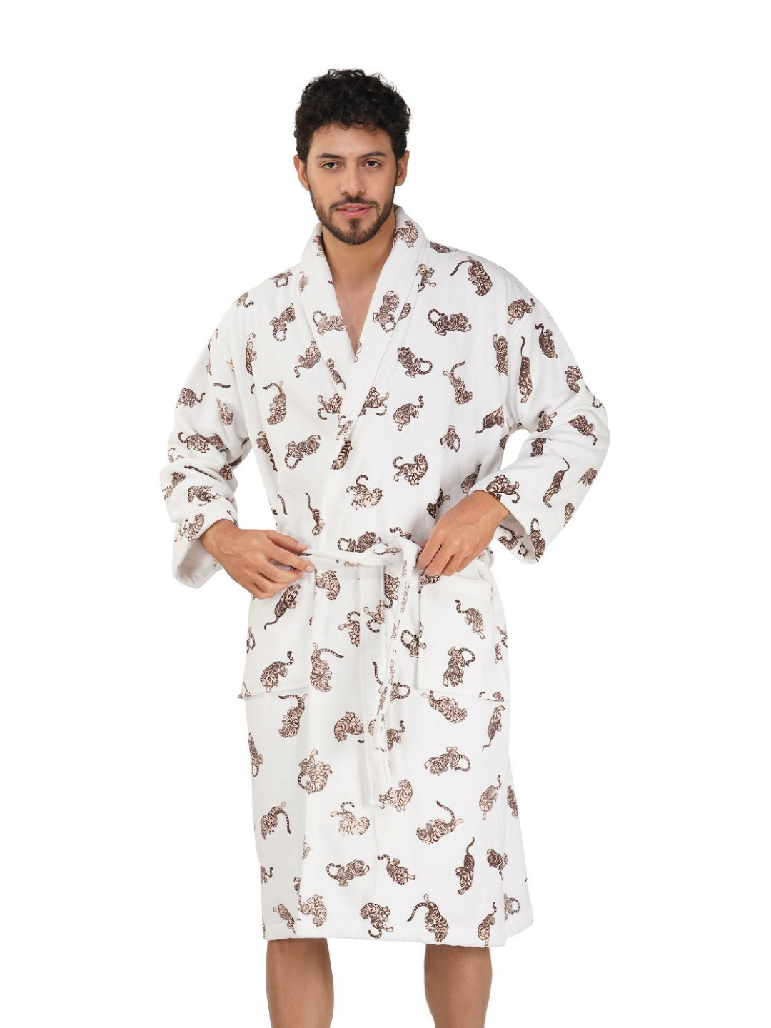 Myntra Elegant Homes Jaguar White Animal Print Cotton Drawstring Midi Bath Robe-XL