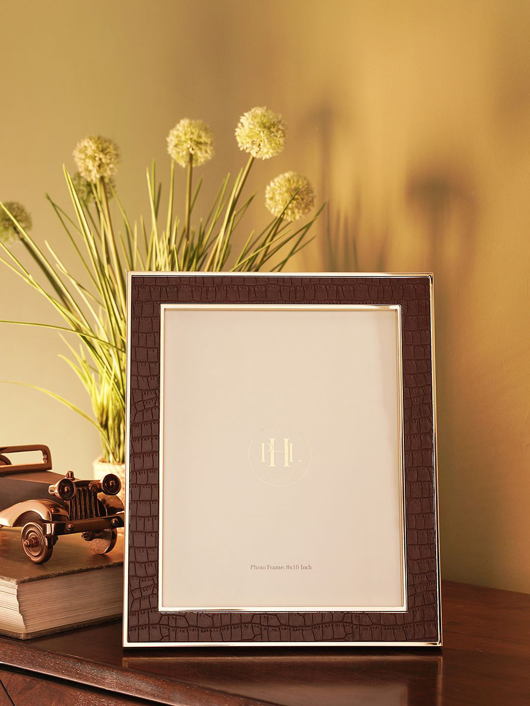 Pure Home and Living Croco Faux Leather Gold-Toned & Brown Glass Table Photo Frame