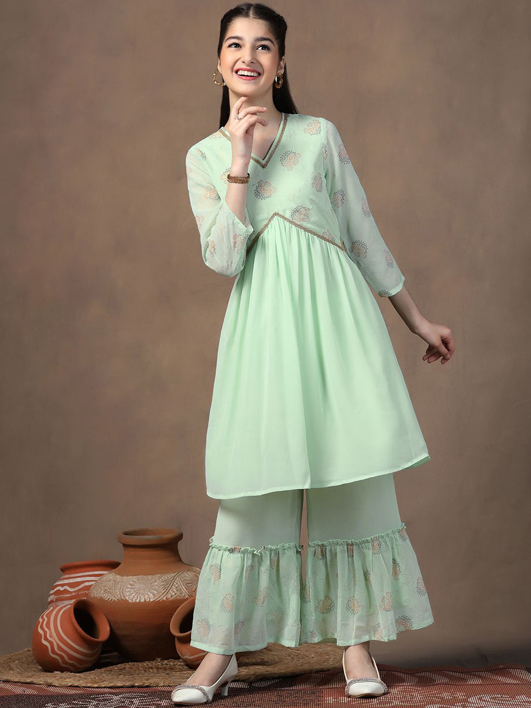 Sangria Girls Pista Floral Foil Printed Empire V-Neck Georgette A-Line Kurta And Sharara