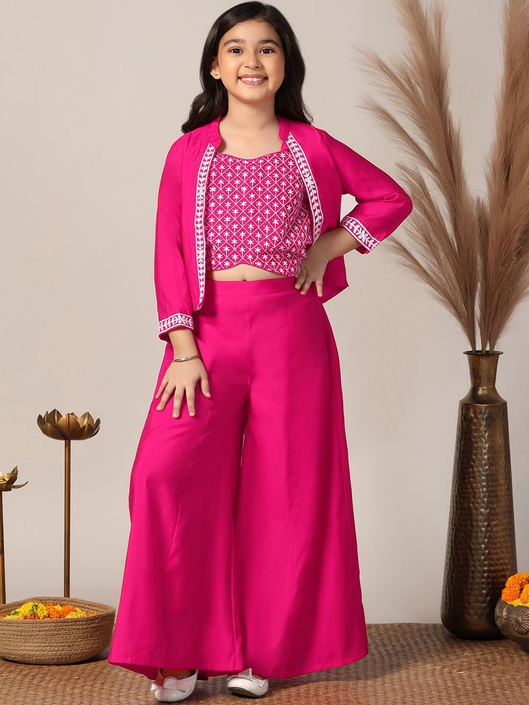 Sangria Pink & White Girls Floral Embroidered Crop Top With Palazzo And Jacket
