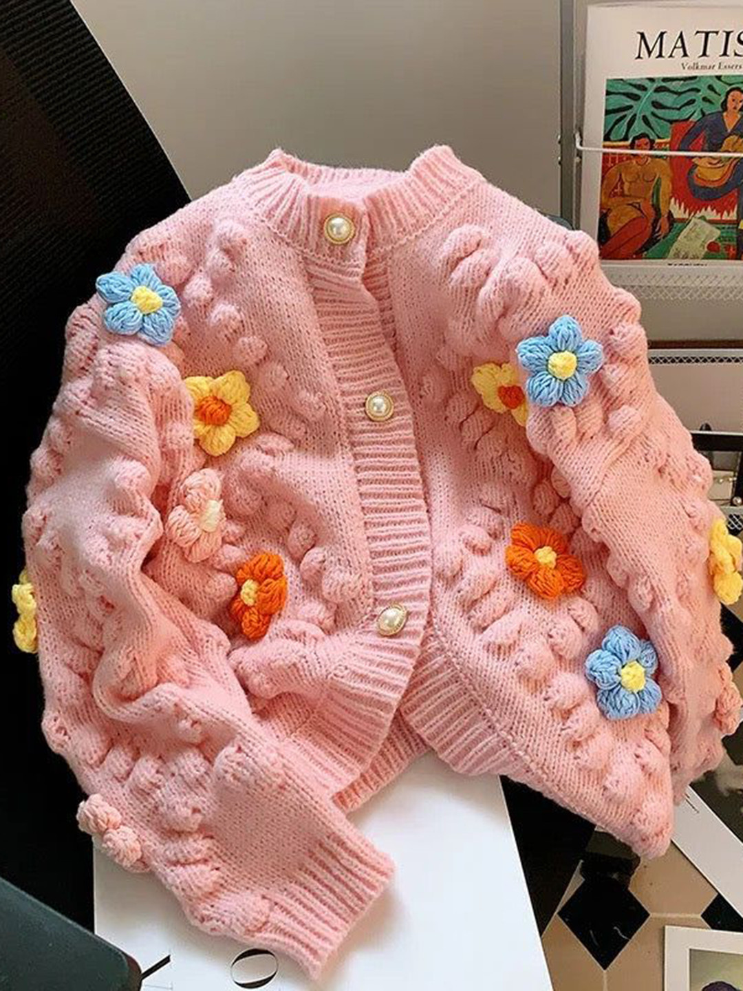 Miss Mosa By Akanksha  Women Pink Lisido Statement Woolen Sweater with Flower Detail