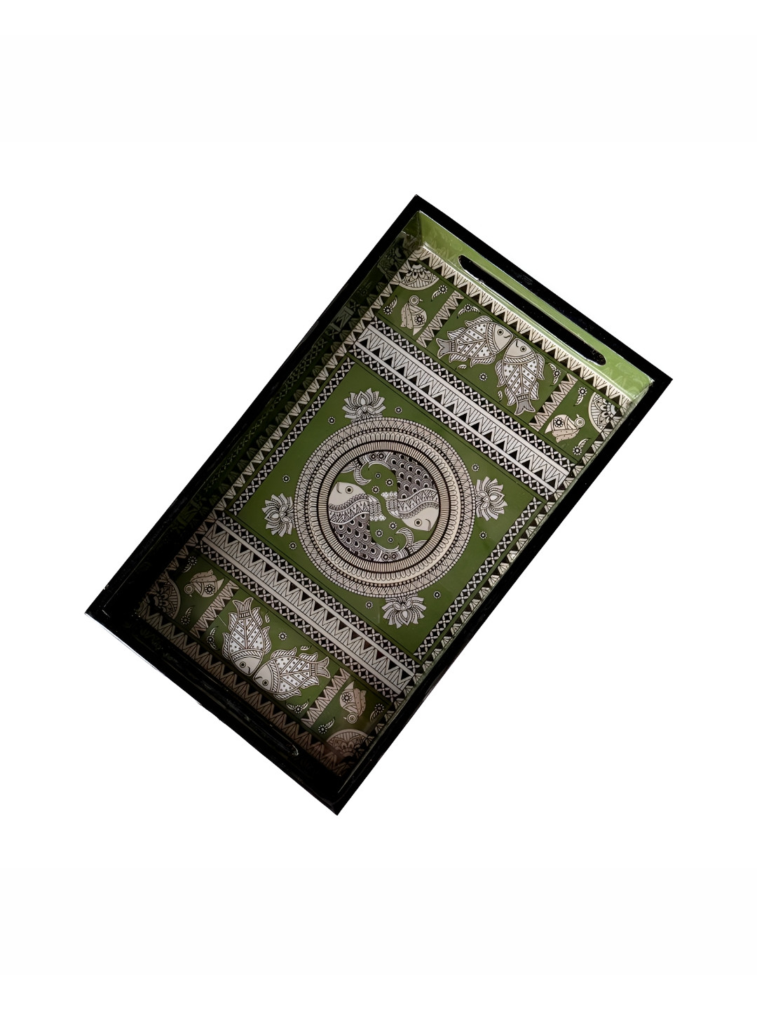 MAATIR DESIGNS Green & White Madhubani Fish Printed Dishwasher Safe Wood Serving Tray