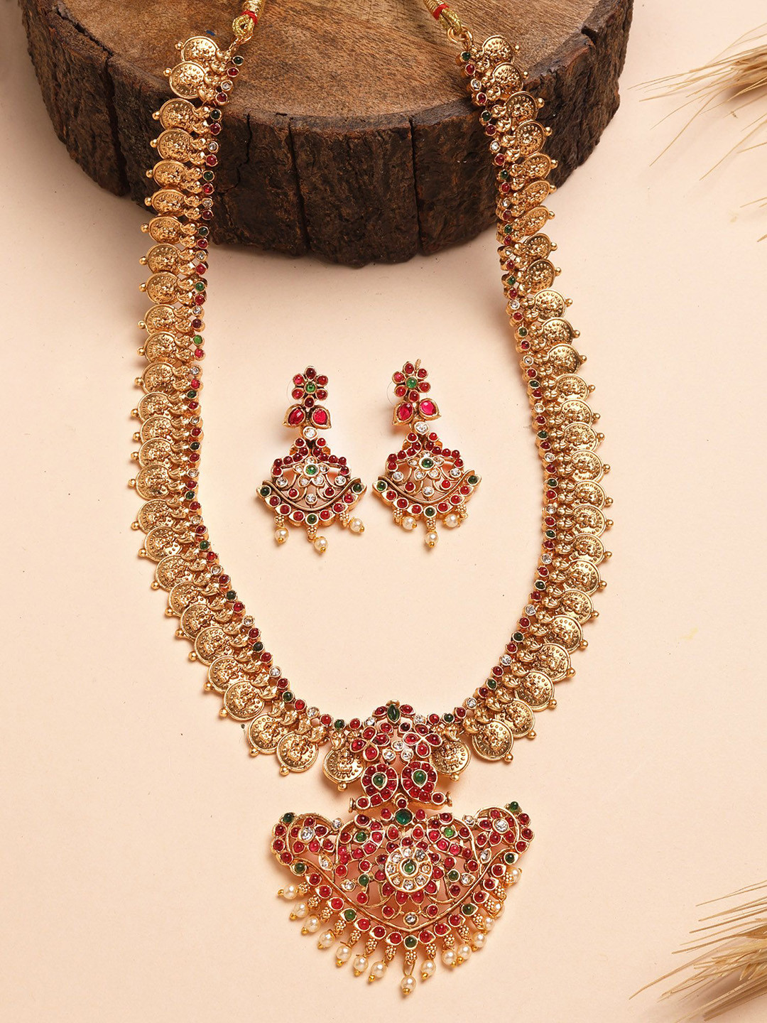 KARATCART Gold Plated Red Stone Rani Haar Temple Jewellery Set