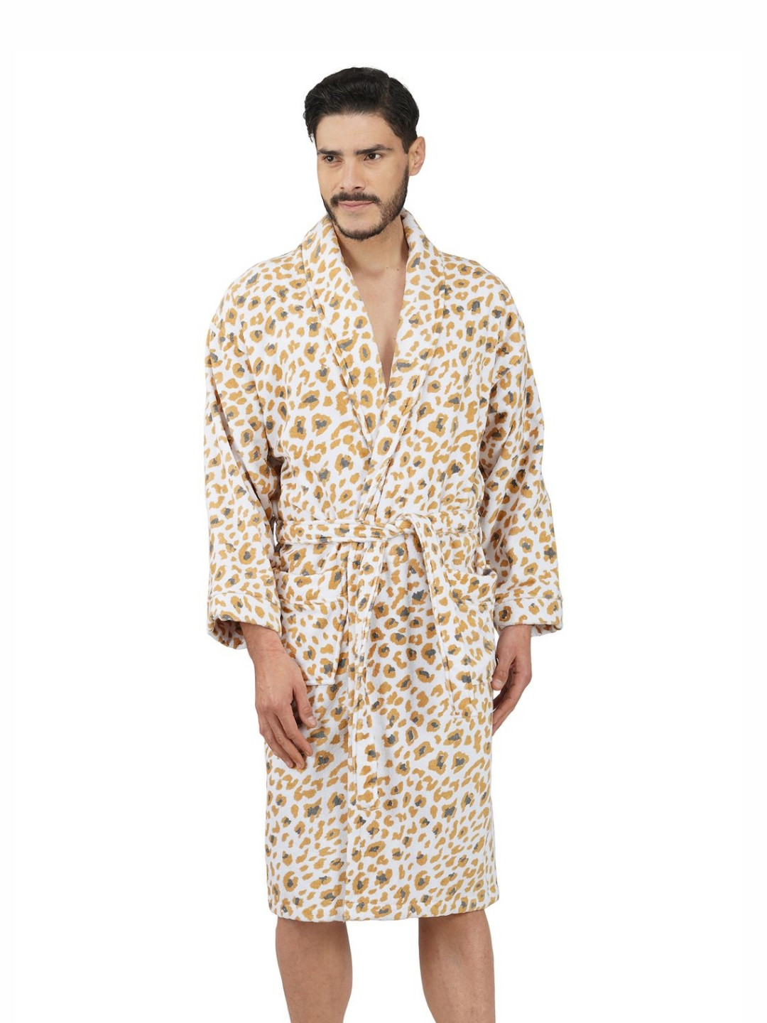 Myntra Elegant Homes Leopard White Animal Print Cotton Drawstring Midi Bath Robe-XL