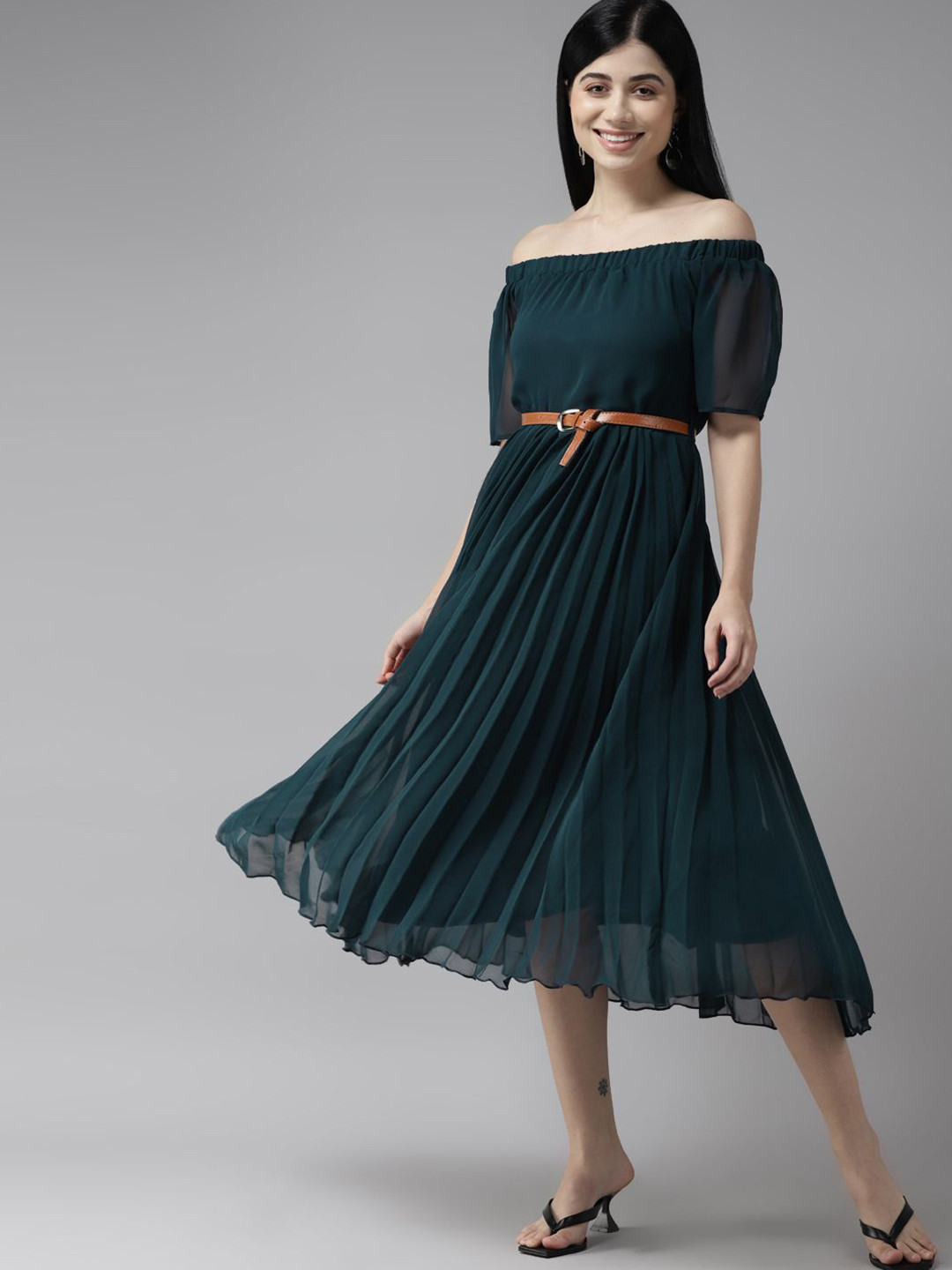 CORSICA Solid Off-Shoulder Puff Sleeve Georgette Fit & Flare Midi Dress Comes with a belt